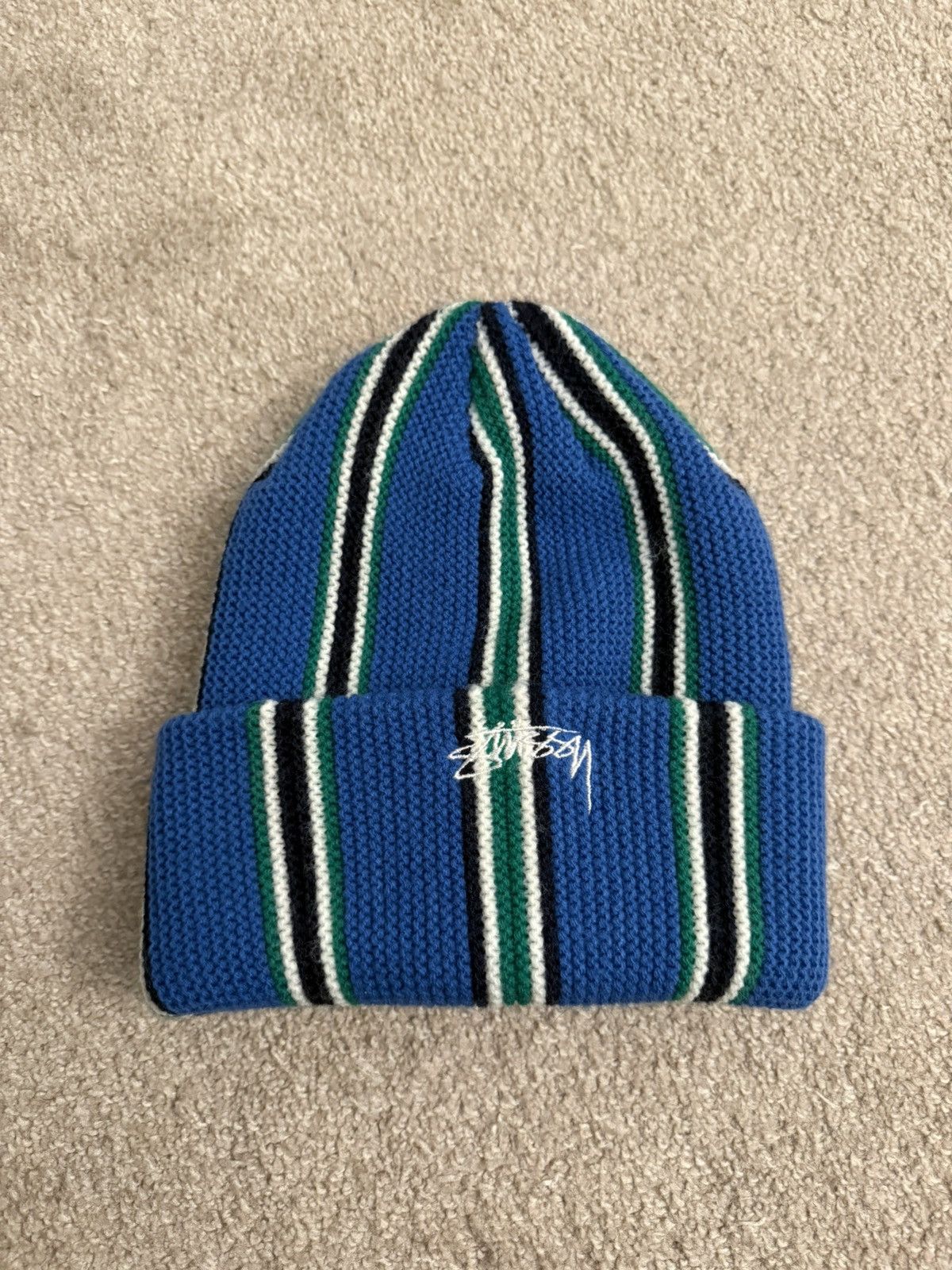 Stussy Stussy Vertical Stripe Cuffed Knitted Beanie Hat (Blue) Size ONE SIZE - 1 Thumbnail