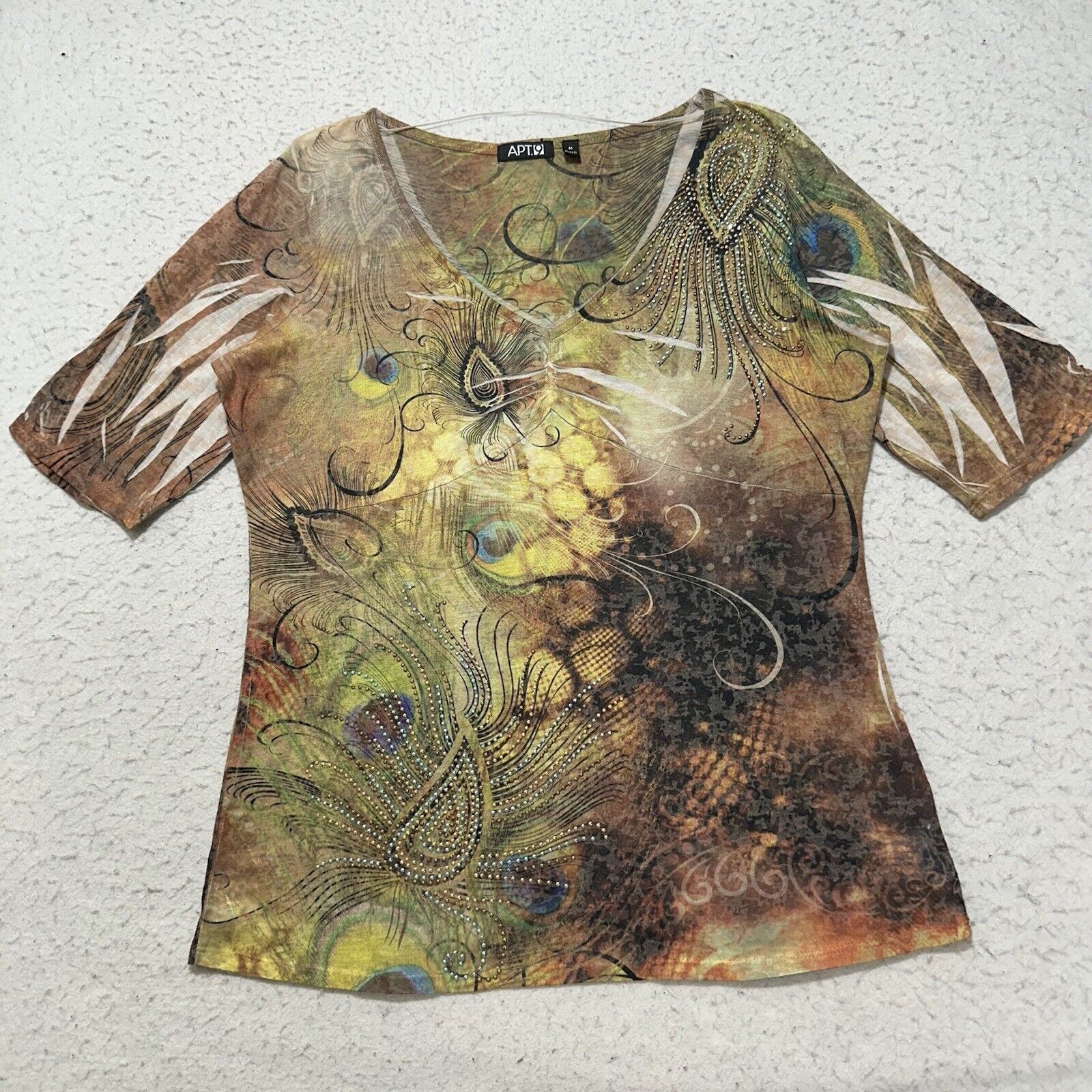Apt. 9 Apt. 9 Medium V-Neck Green Brown Floral Print T Shirt Top Size M / US 6-8 / IT 42-44 - 1 Thumbnail