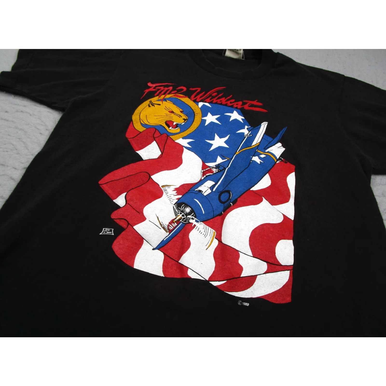 Fruit Of The Loom VINTAGE FM-2 Wildcat Shirt Mens Medium Black 1988 Navy Fighter T-Shirt Patriotic Military Graphic Print USA Made in USA Men's Shirt Size US M / EU 48-50 / 2 - 2 Thumbnail