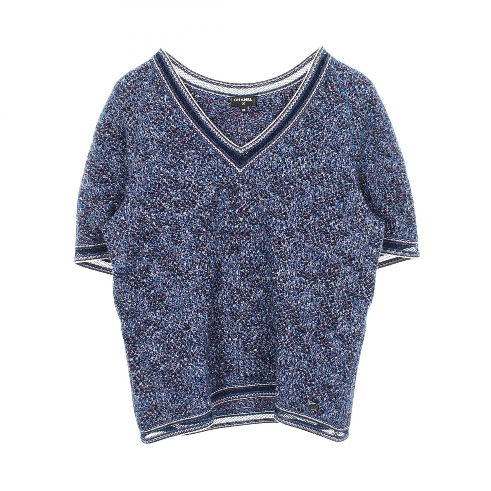 Chanel Chanel Chanel Lace Trim V Neck Short Sleeve Knit Top Textile Tops P56194K07330 DUTY FREE for USA Size ONE SIZE - 1 Thumbnail