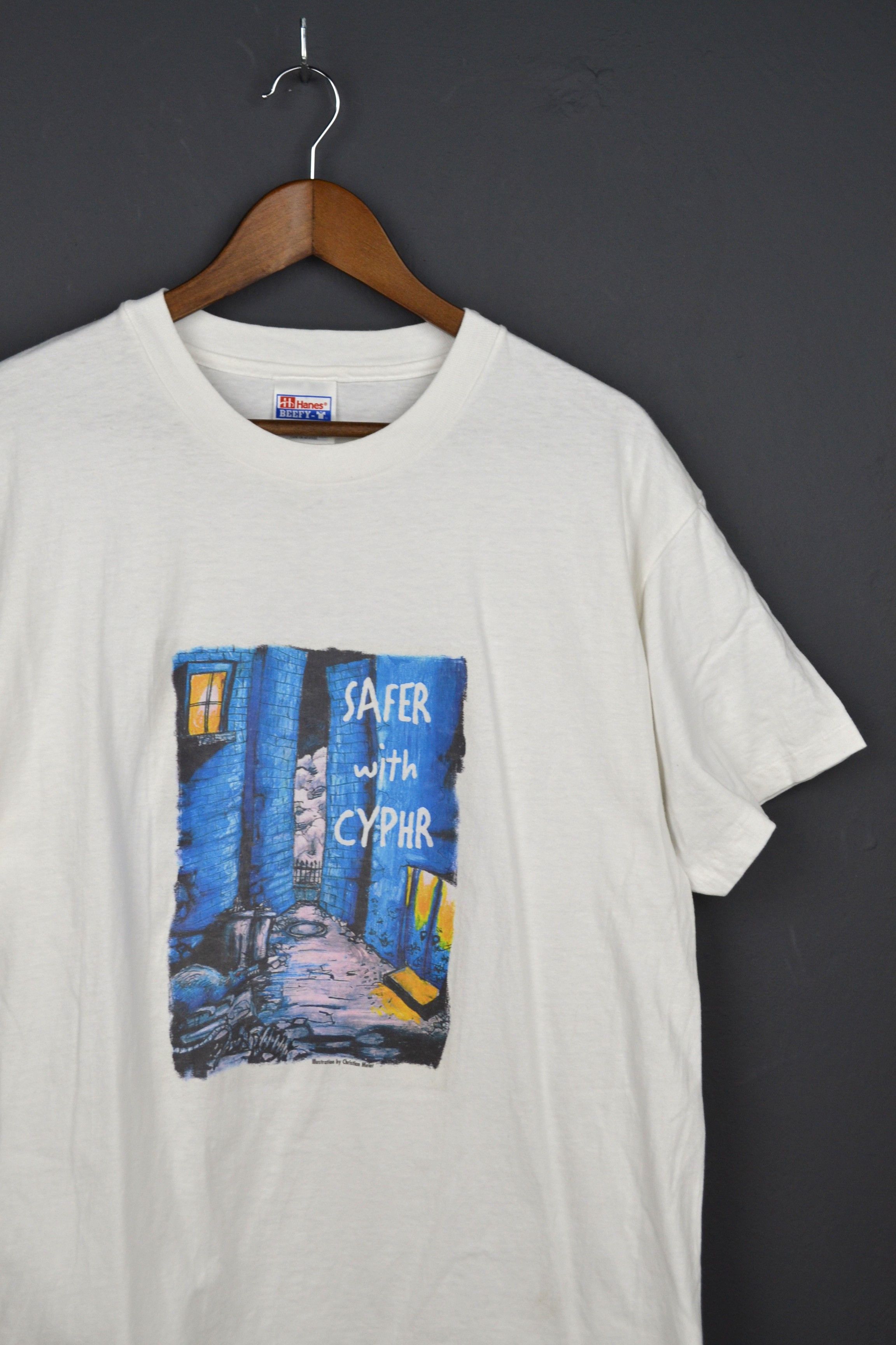 Vintage Vintage Safer With Cyphr L White T-shirt 90s Christian Meier Size US L / EU 52-54 / 3 - 1 Thumbnail