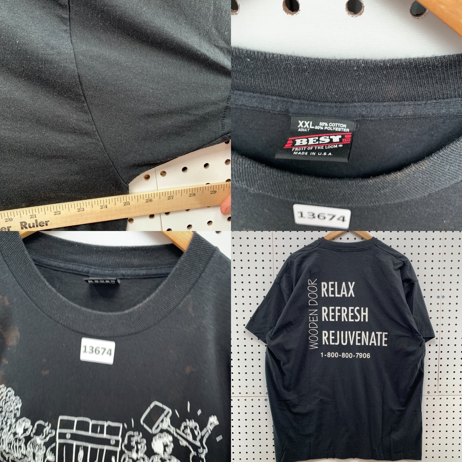 Fruit Of The Loom VINTAGE 90s Fruit of the Loom Shirt Mens 2XL Black Graphic Print Cotton Short Sleeve Crew Neck USA 90s Funny Hipster Door Wood Size US XXL / EU 58 / 5 - 9 Thumbnail