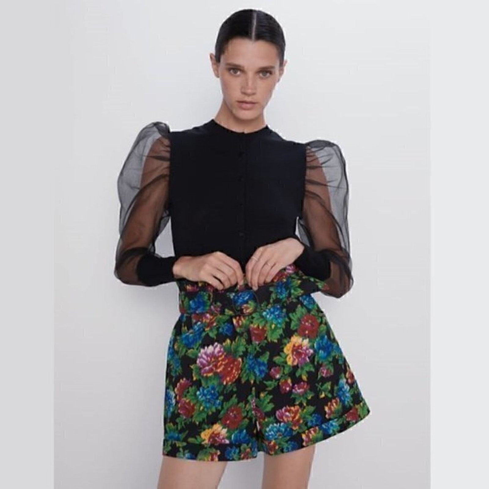 ZARA Floral Print Paperbag Shorts NWT