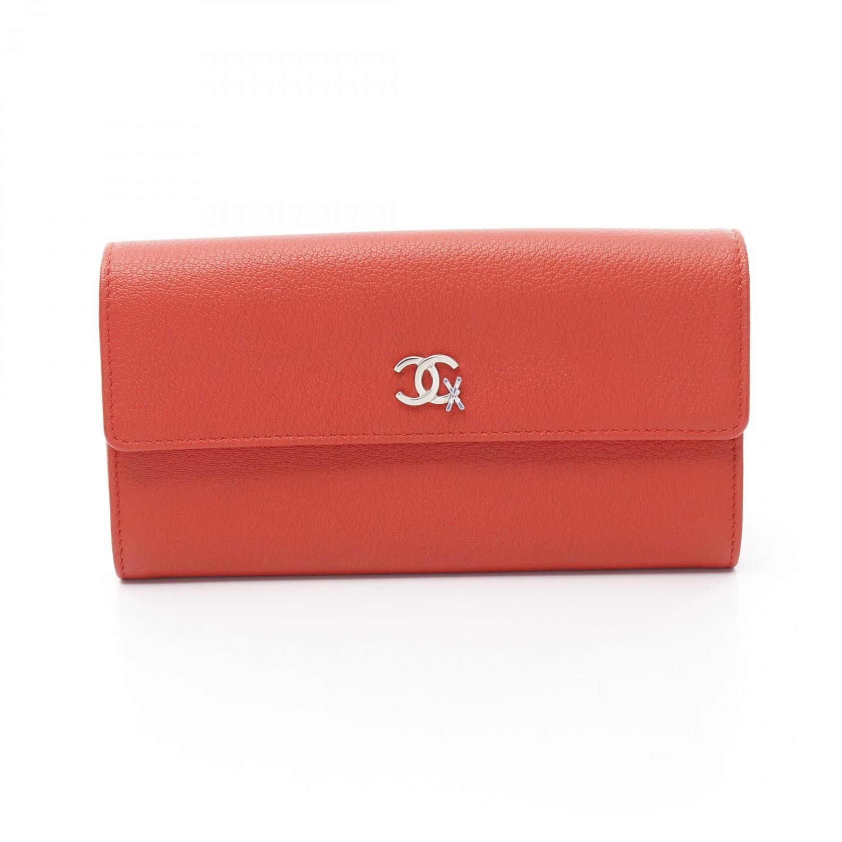 Chanel Coco Mark Ski Motif Bi-Fold Long Wallet Leather Orange Red Silver Hardware
