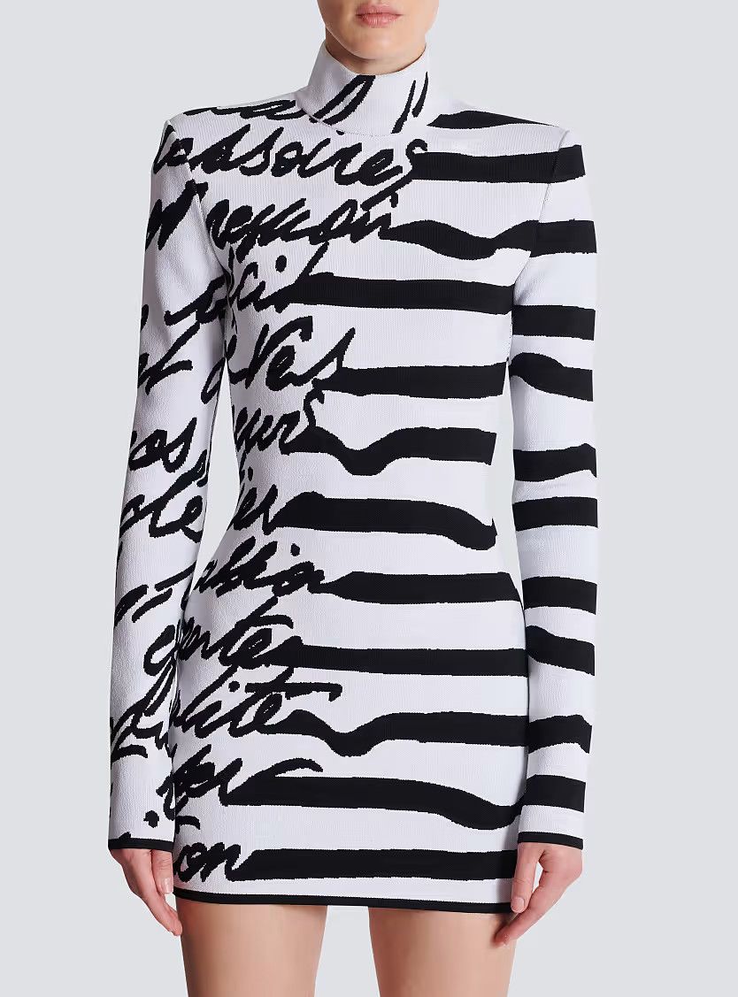 Balmain o1s1wg111225 Striped jacquard Knit Dress in White/Black Size S / US 4 / IT 40 - 4 Thumbnail