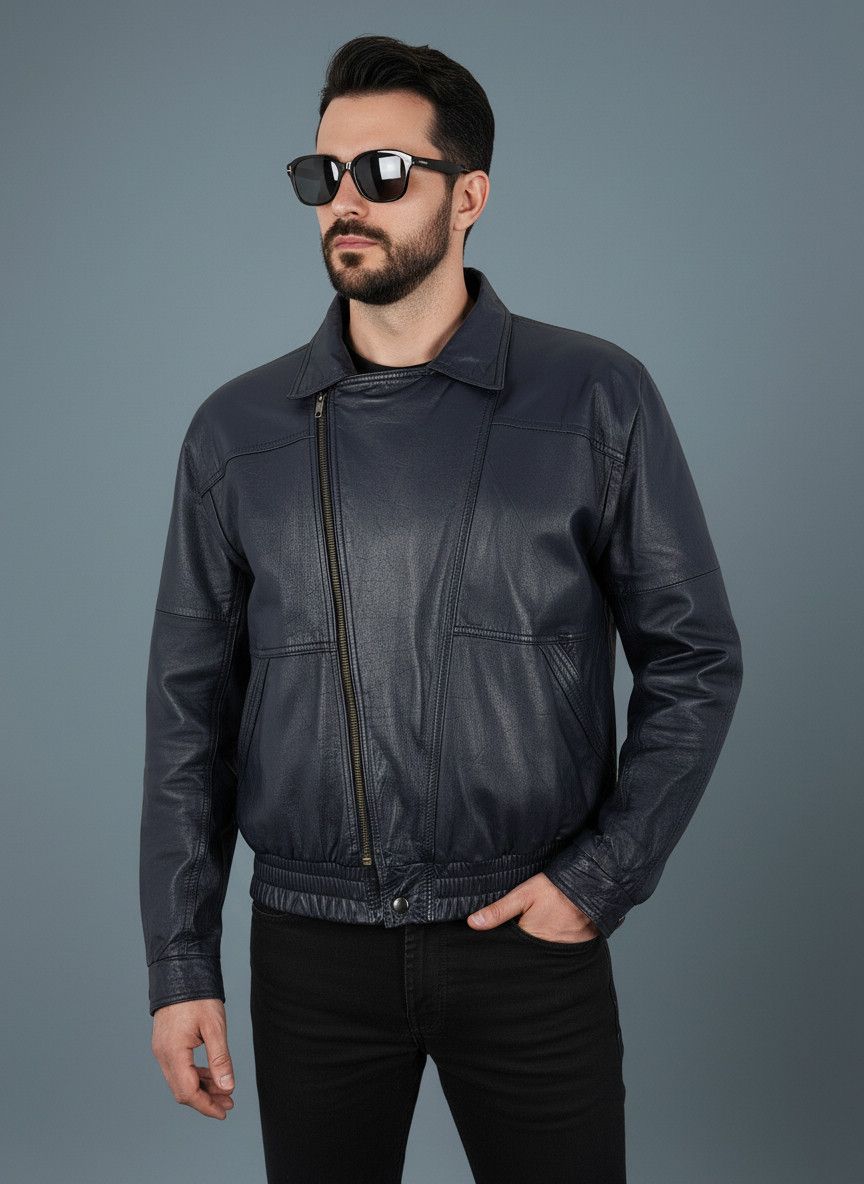Vintage Vintage 90s Dark Blue Goatskin Leather Biker Bomber Jacket Size US M / EU 48-50 / 2 - 2 Thumbnail