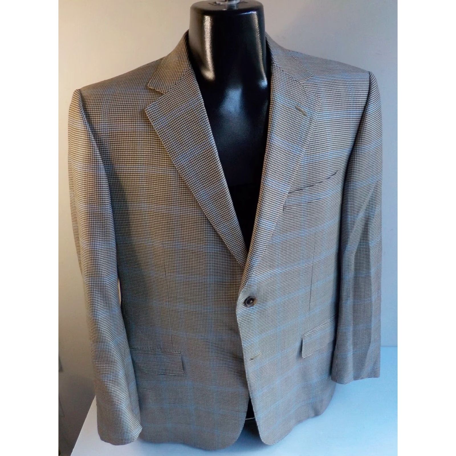Ermenegildo Zegna ERMENEGILDO ZEGNA Blazer Wool Houndstooth Windowpane 2 Button Size 42 Brown Beige Blue Mens Jacket Size 42R - 2 Thumbnail