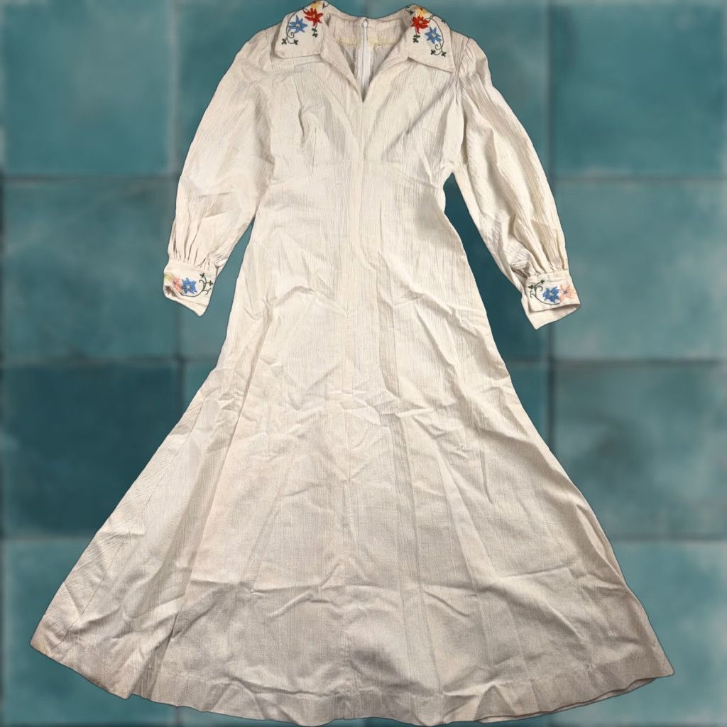 Vintage VTG 50s 60s White Long Sleeve Dress Summer Boho Hippy Rockabilly Flowers Shirt Size S/M Womens Size S / US 4 / IT 40 - 1 Thumbnail