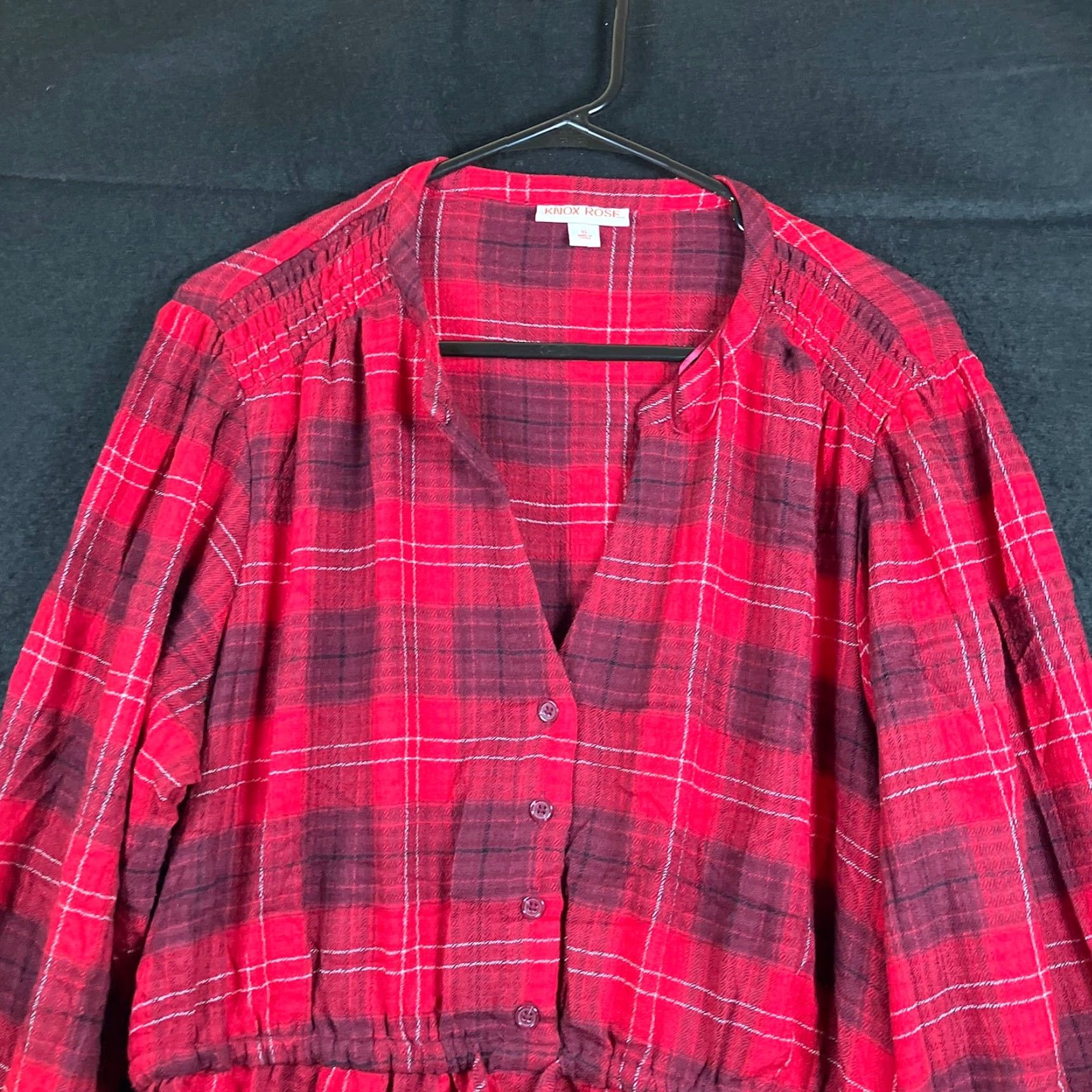 Vintage Knox Rose Womens Dress Red Plaid Pull Over V Neck Half Button Down Stretch XL Shirt Dress Long Sleeve Casual Travel Workwear Size XL / US 12-14 / IT 48-50 - 2 Thumbnail