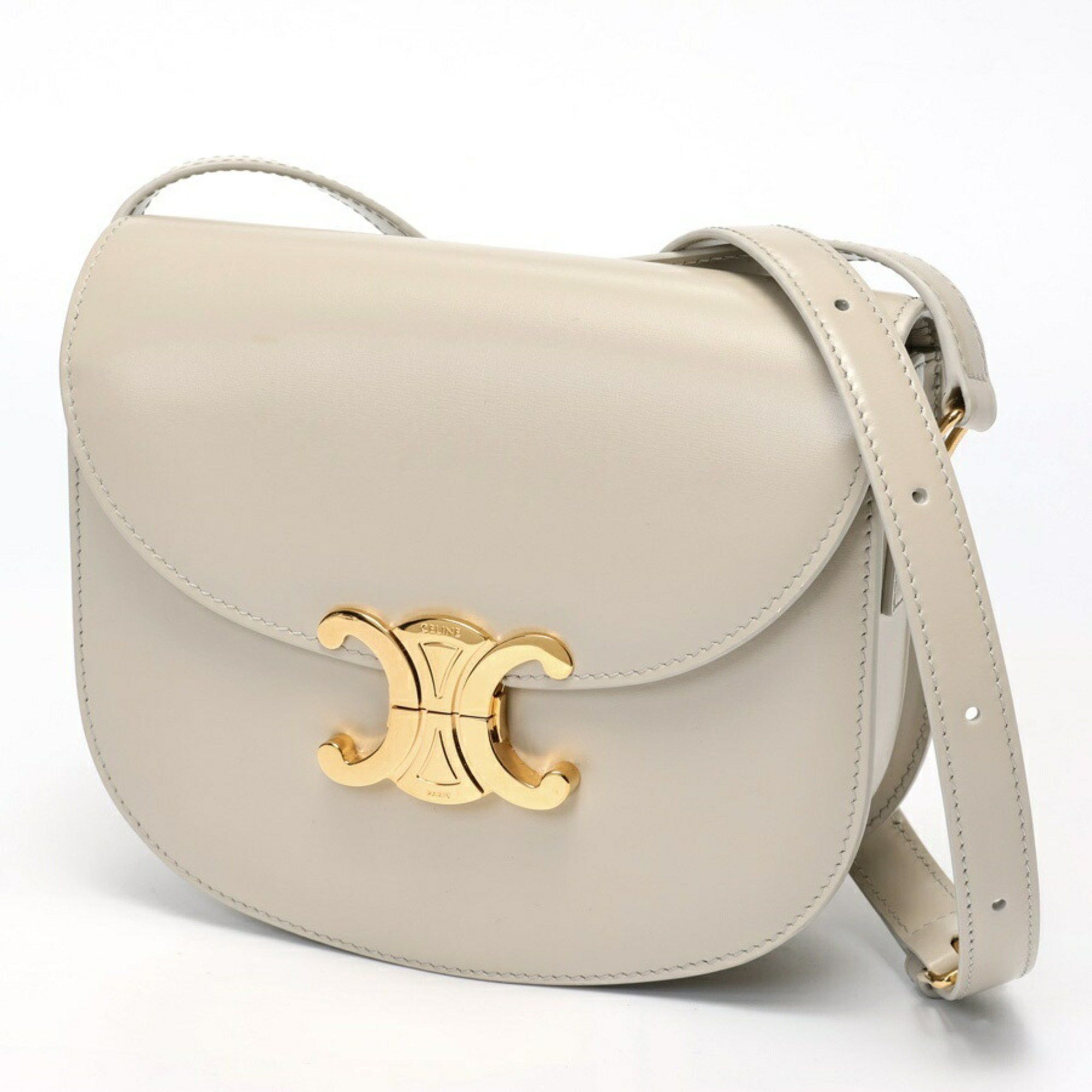Celine Teen Besas Qu Triomphe Shoulder Bag 11041 Shiny Calfskin Light Grey S-157998, Women's