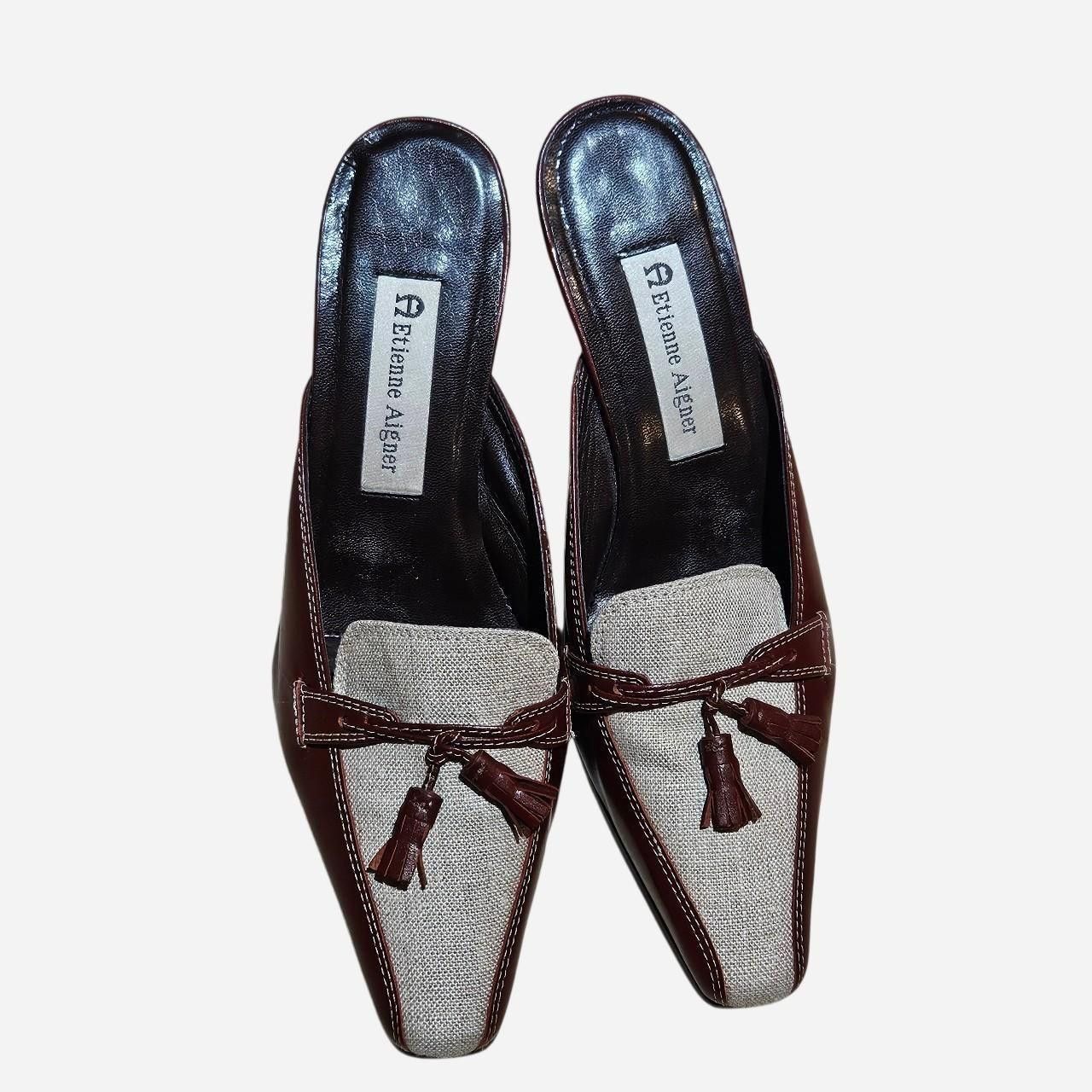 Etienne Aigner vintage cottagecore boho leather and canvas mule shoes Size US 7.5 / IT 37.5 - 2 Thumbnail