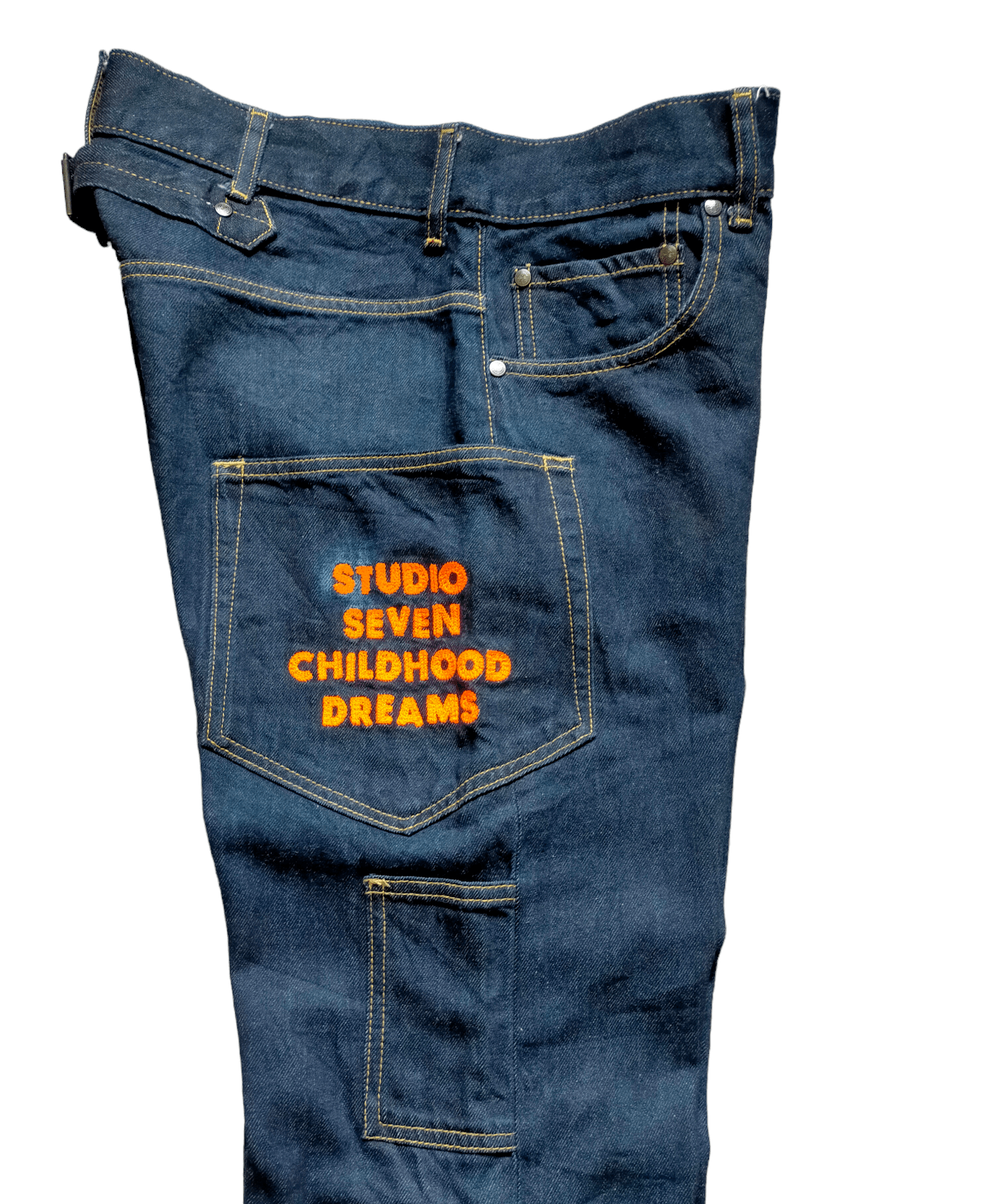 image of Chilhood Dreams X Gu Embroidered Denim Pants in Blue, Men's (Size 32)