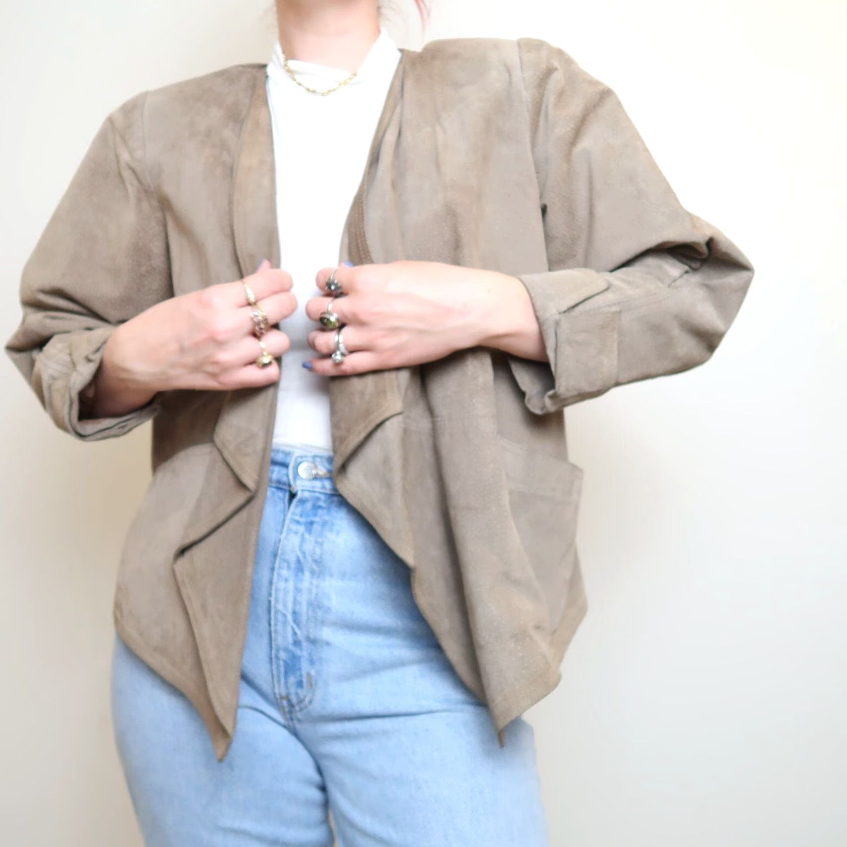 Vintage VINTAGE 80s Petite Sophisticate Suede Leather Jacket S Taupe Brown Pig Suede Waterfall Collar Casual Womens Size S / US 4 / IT 40 - 6 Thumbnail