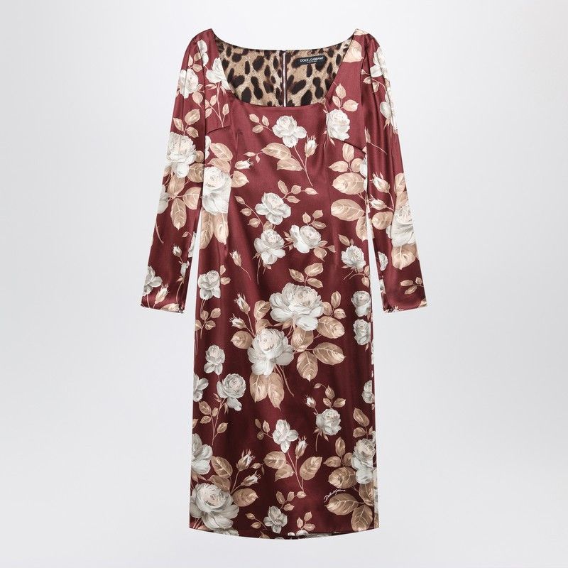 Dolce & Gabbana Dolce&Gabbana Burgundy Satin Dress With Floral Print Size M / US 6-8 / IT 42-44 - 1 Thumbnail