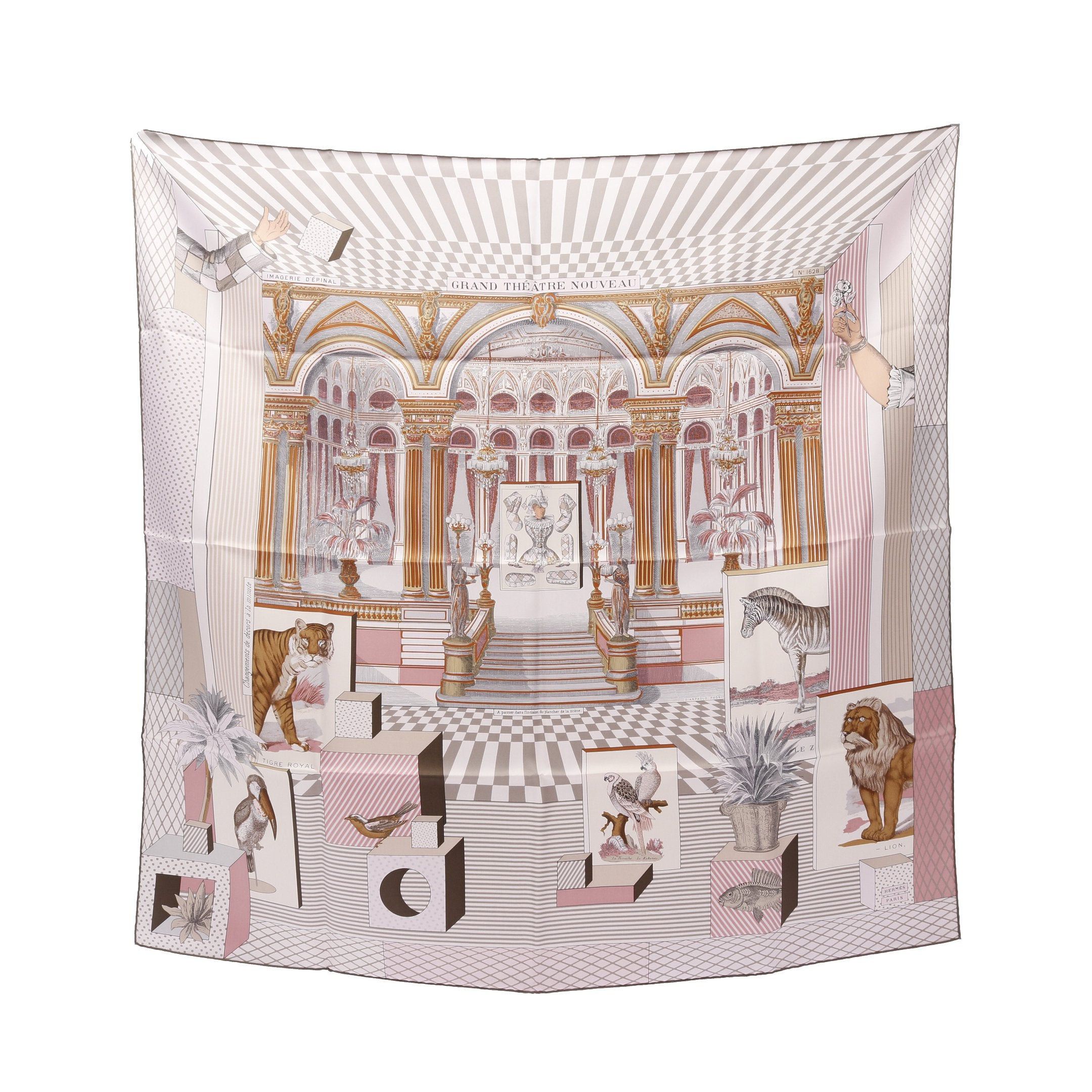 Hermes Hermes Carres 90 Grand Theatre Nouveau Scarf Silk Pink Gray Brown Multicolor Size ONE SIZE - 1 Thumbnail