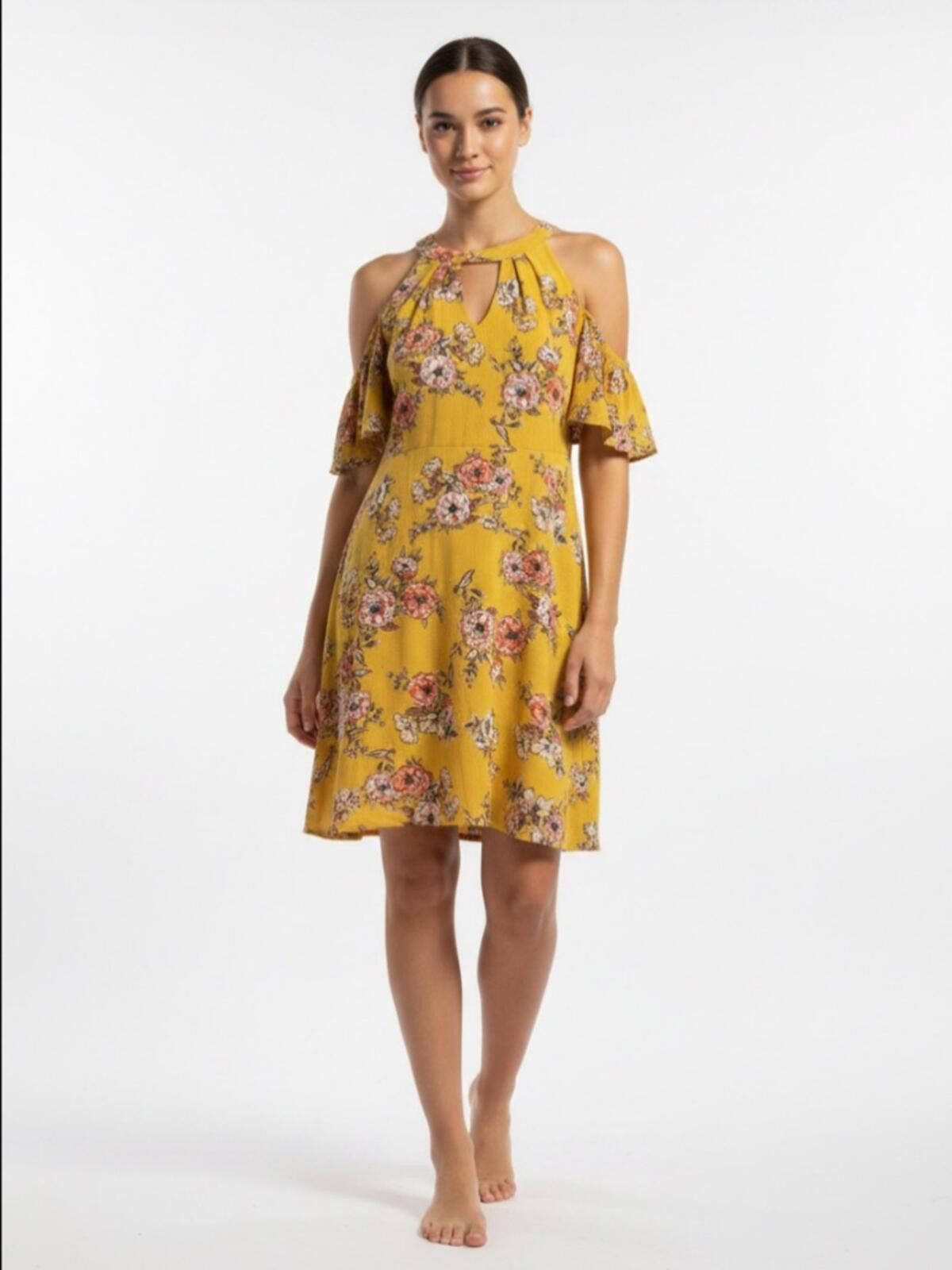 Other Lily Rose Yellow Floral Cold-Shoulder Dress Size S / US 4 / IT 40 - 2 Thumbnail