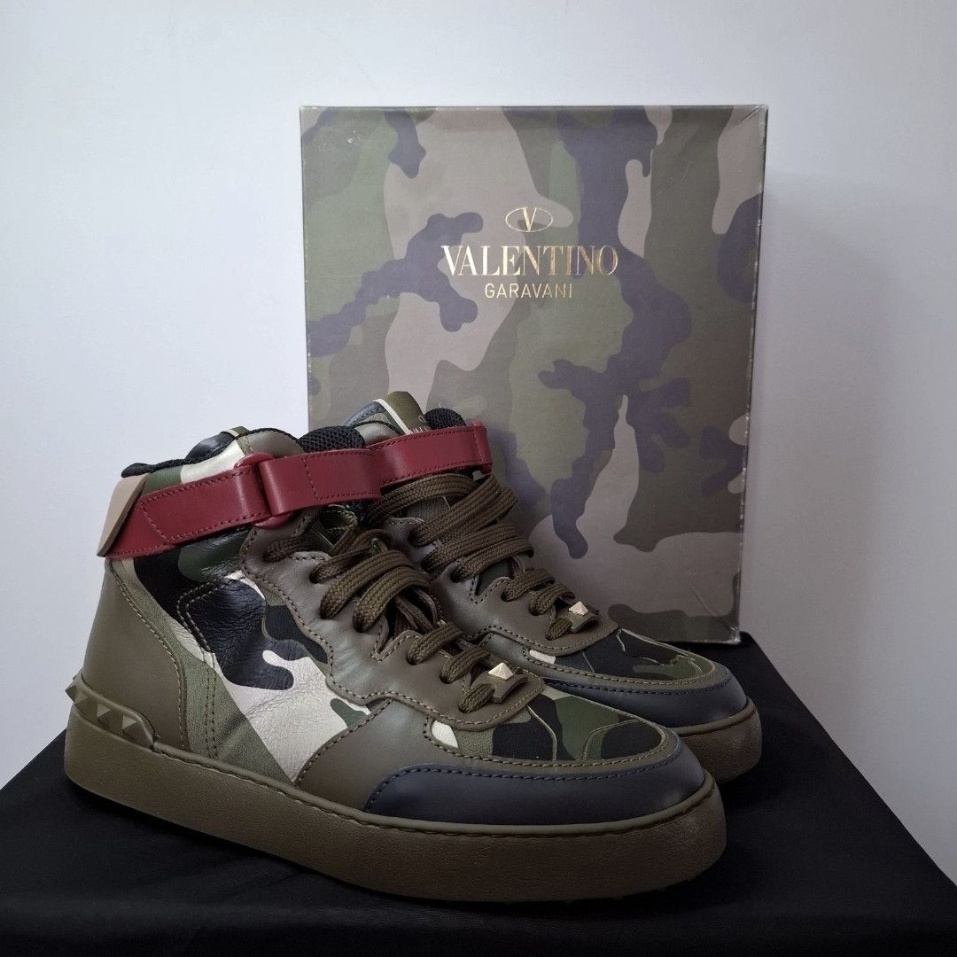 Valentino VALENTINO Camo Rockstud Green Leather High Top Sneakers Size US 7 / EU 40 - 1 Thumbnail