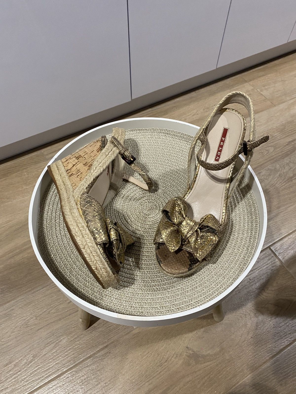 Prada Prada Bow Sandals with Ankle Strap Gold Snakeskin Leather Size US 11 / IT 41 - 9 Thumbnail