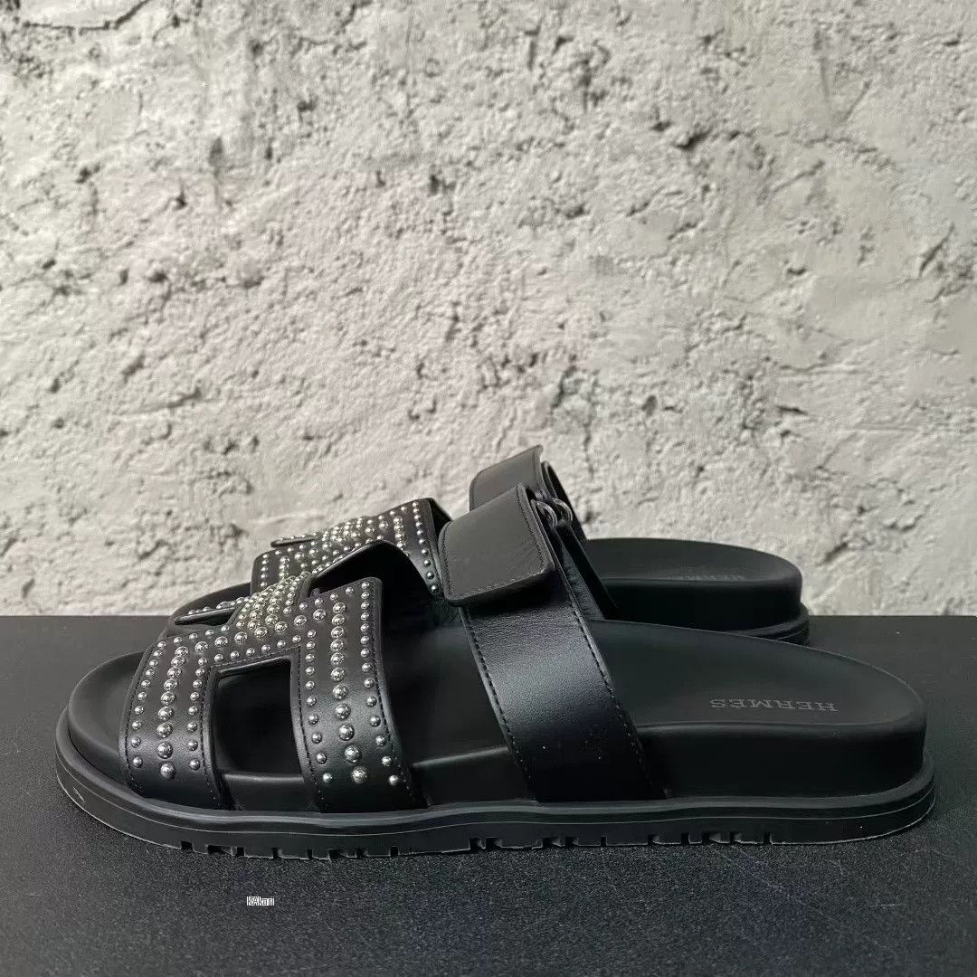 Hermes Hermes Black Silver Rivet H Slide Size US 32 / EU 48 - 3 Thumbnail
