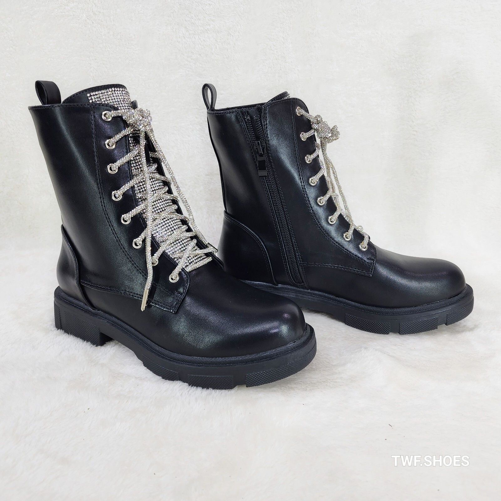 Other Rylee Black Combat Ankle Boots Iridescent Rhinestone Tongue Size US 8.5 / IT 38.5 - 1 Thumbnail