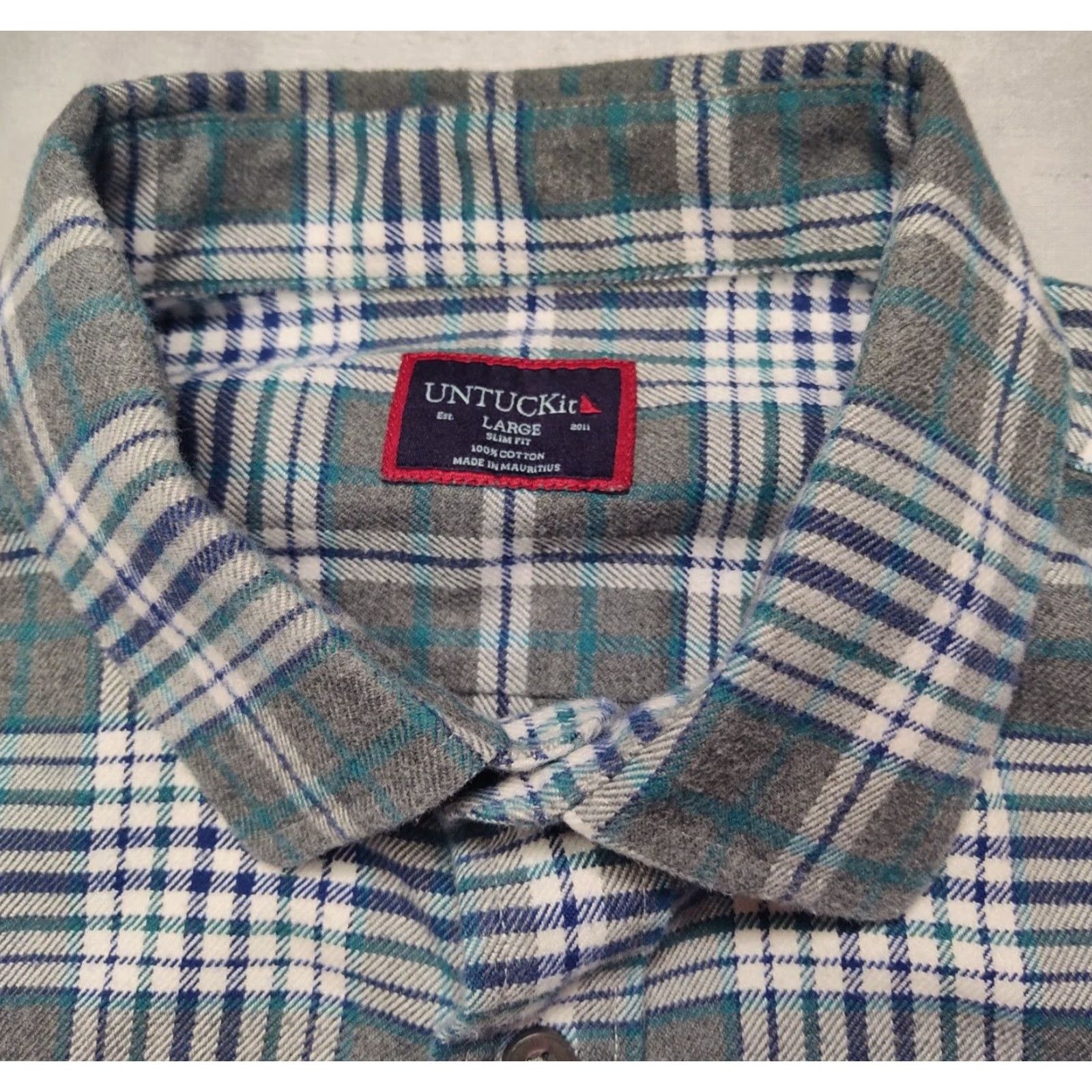 UNTUCKit UNTUCKit QUENTERRA SLIM FIT Button-Up Shirt Men L Gray Teal Plaid Cotton Long Sleeve Button Shirt Size US L / EU 52-54 / 3 - 4 Thumbnail