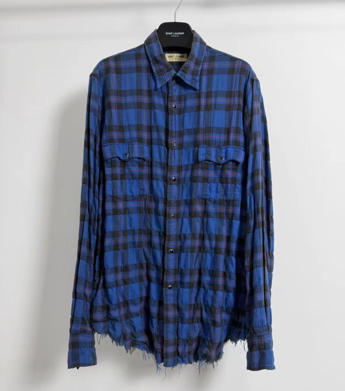 Saint Laurent Paris Saint Laurent Klein Blue Flannel Shirt with Fringes- wxx Size US L / EU 52-54 / 3 - 1 Thumbnail
