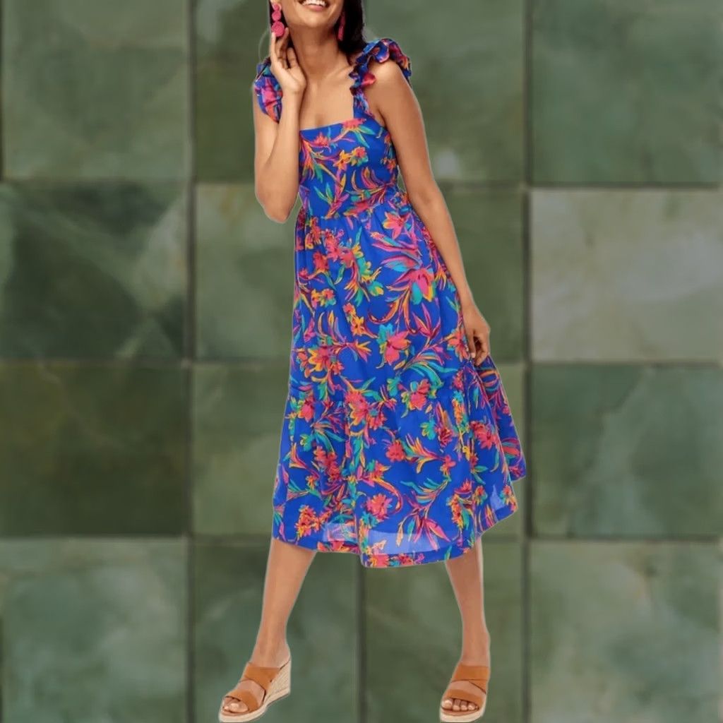Vintage VINTAGE JCrew Floral Tropical Square Neck Midi Dress Blue Size 6 EUC Size M / US 6-8 / IT 42-44 - 1 Thumbnail
