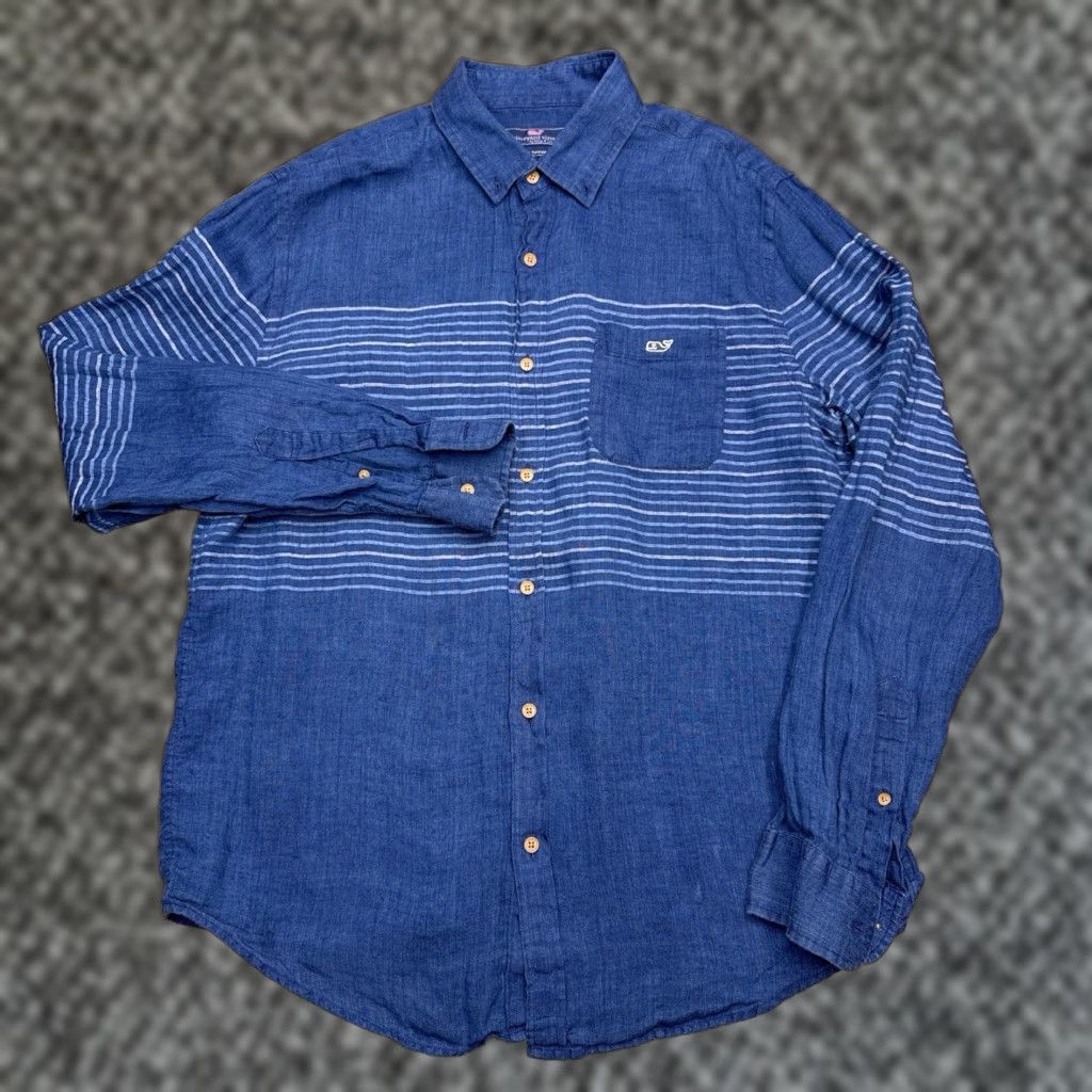 Vineyard Vines Vineyard Vines Tucker Shirt Slim Fit Mens L Blue Striped Button-Up Knit Linen Long Sleeve Collared Pocketed Casual Formal Workwear Size US L / EU 52-54 / 3 - 1 Thumbnail