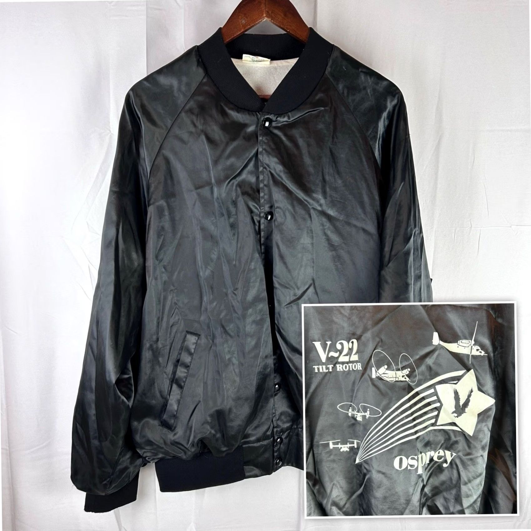 Osprey VINTAGE Westark Bomber Jacket Men’s 2XL Black Satin Nylon Snap Lining 85% Acetate 15% Nylon Military USA 80s 90s Osprey Tiltrotor Aircraft Mens Jacket Size US XXL / EU 58 / 5 - 2 Thumbnail