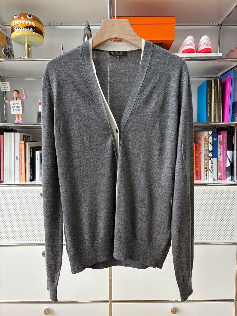 Loro Piana LORO PIANA Gray and white striped collar knit cardigan Size M / US 6-8 / IT 42-44 - 1 Thumbnail
