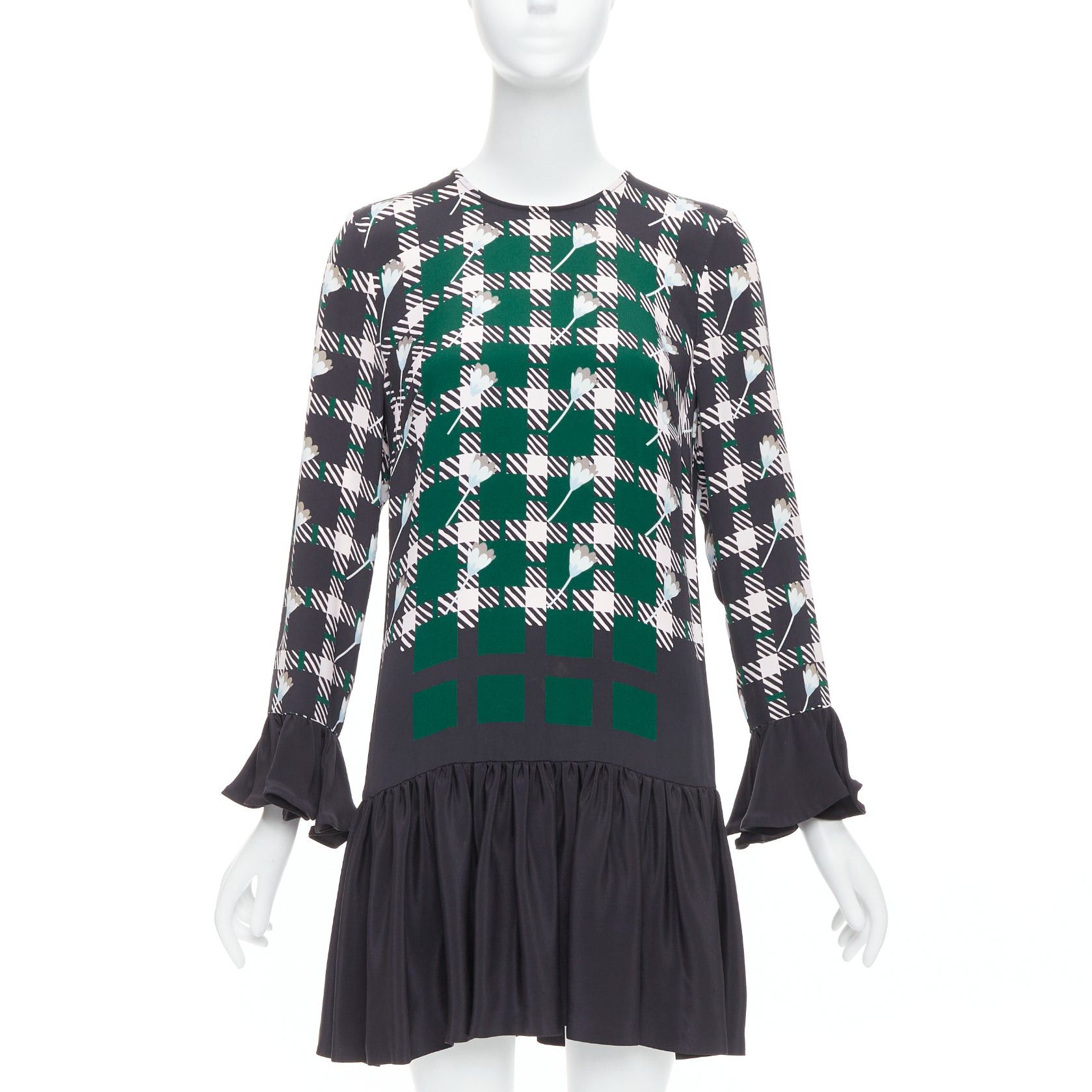 Markus Lupfer MARKUS LUPFER 2016 Runway green pink floral check drop waist dress S Size S / US 4 / IT 40 - 1 Thumbnail