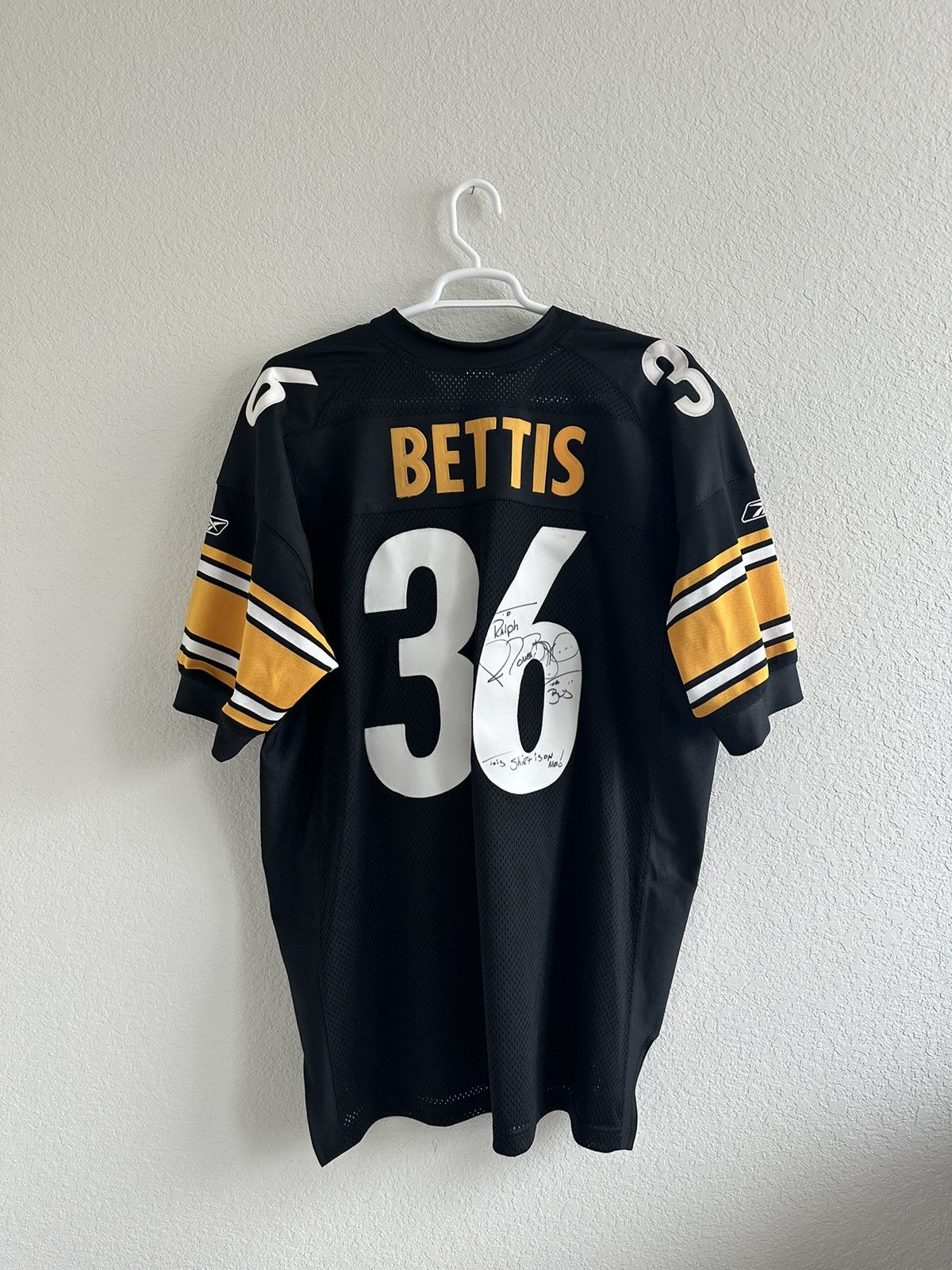 Image of Nfl x Reebok Pittsburgh Steelers Jerome Bettis 36 The Bus Signed Jersey in Black/Yellow (Size 2XL)