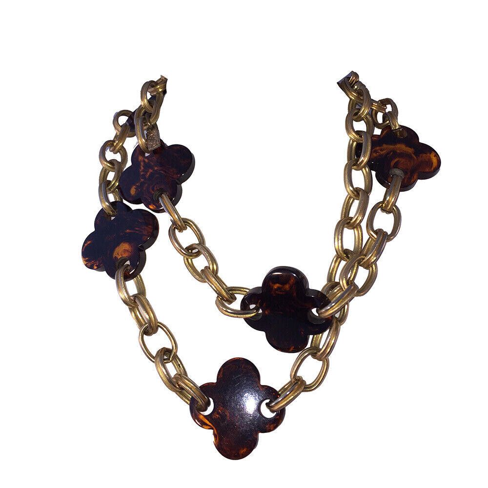 Yves Saint Laurent Saint Laurent Simulate Tortoise Shell Lucite Clover Necklace Size ONE SIZE - 1 Thumbnail