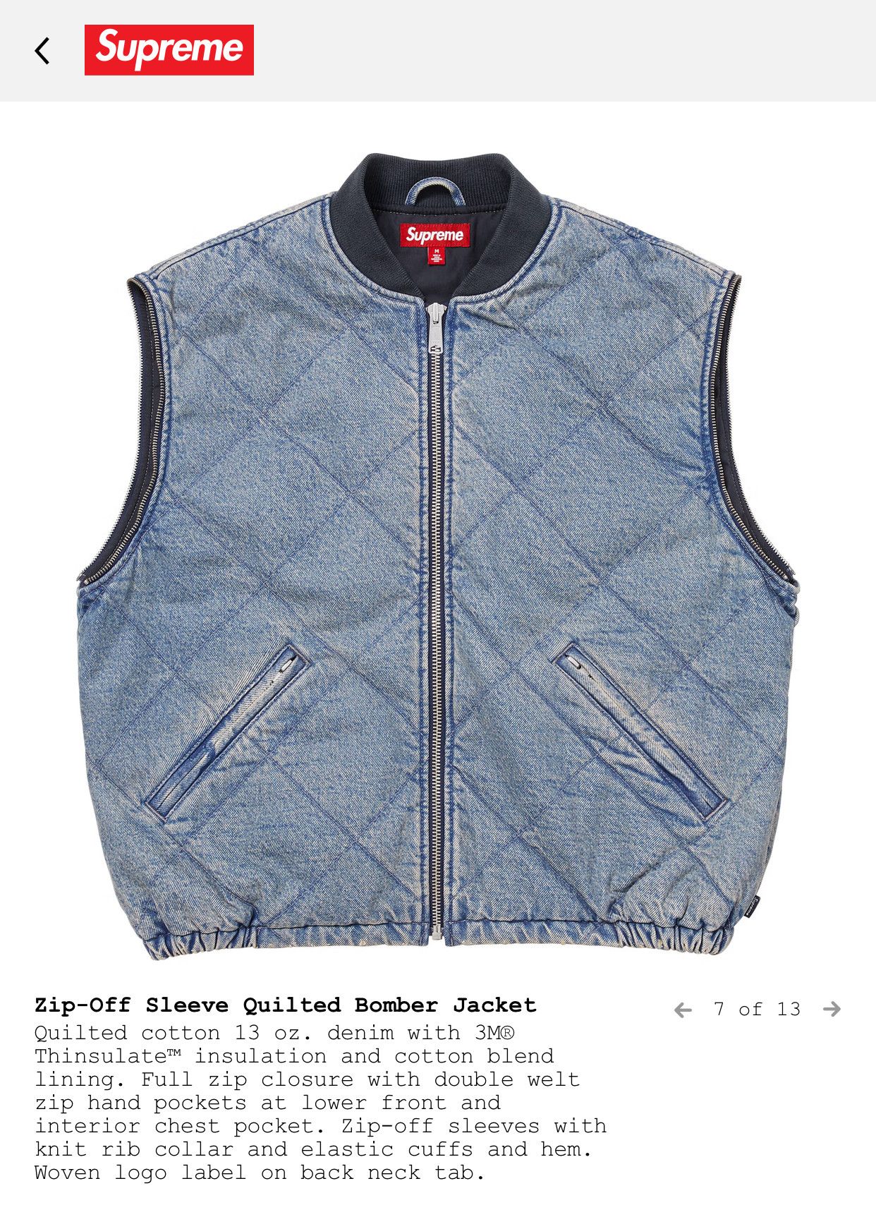 Supreme Supreme Zip-Off Sleeve Quilted Bomber Jacket Size US M / EU 48-50 / 2 - 3 Thumbnail