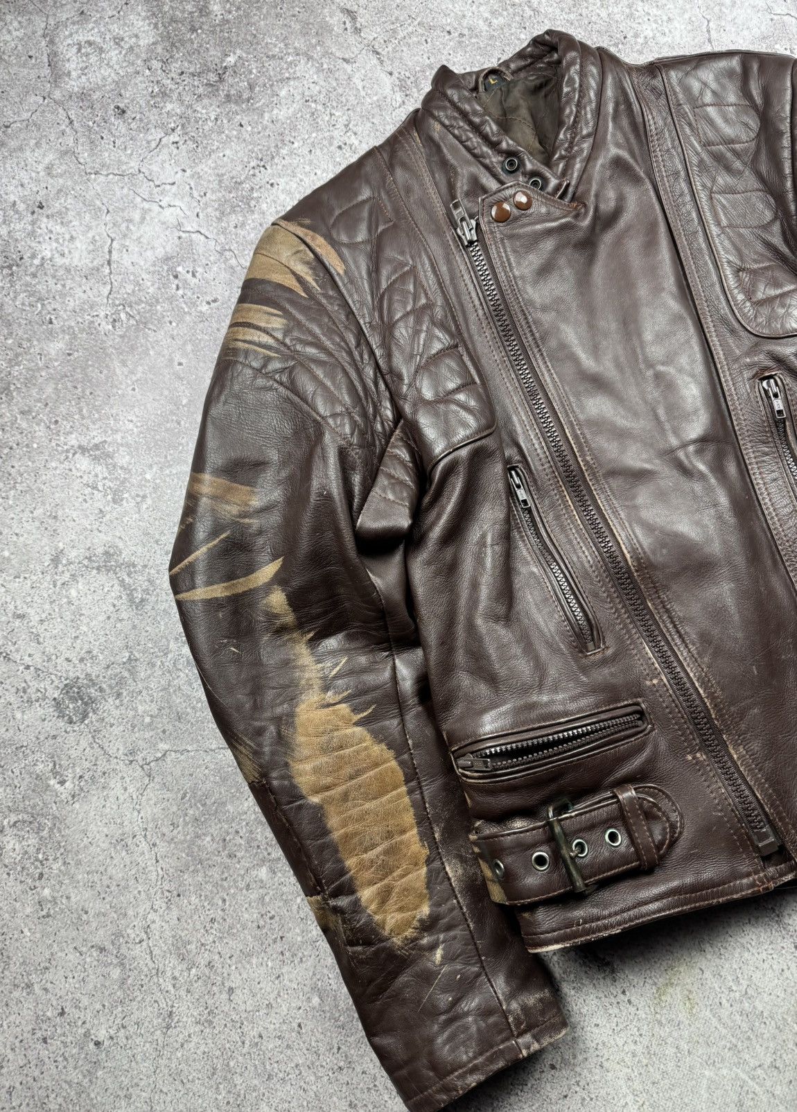 Vintage VINTAGE 80S BROWN BIKER RAMONES FADED RACING LEATHER JACKET Size US L / EU 52-54 / 3 - 7 Thumbnail