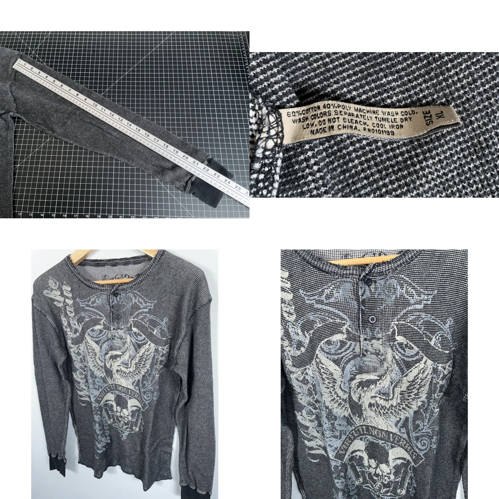 Affliction VINTAGE Y2K Affliction Style Henley Thermal Shirt Long Sleeve Gray Skull Wings XL Mens Size US XL / EU 56 / 4 - 8 Thumbnail