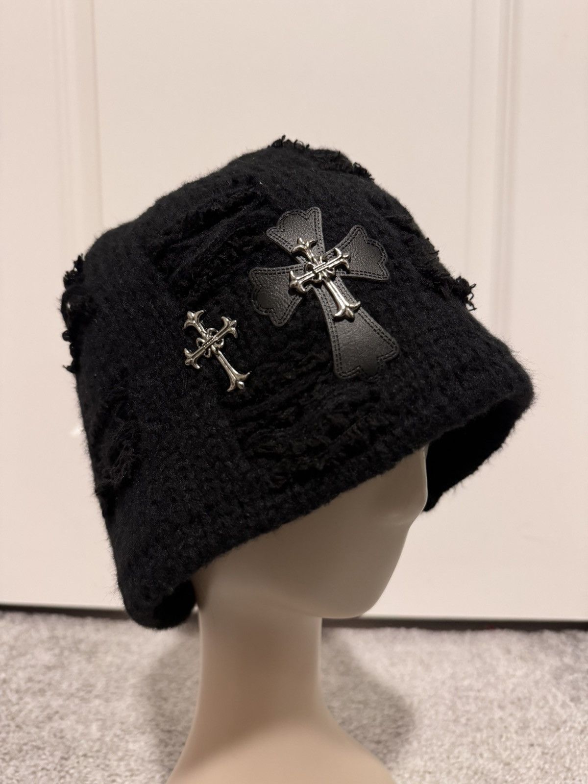 Distressed Silver Cross Patch Knit Beanie