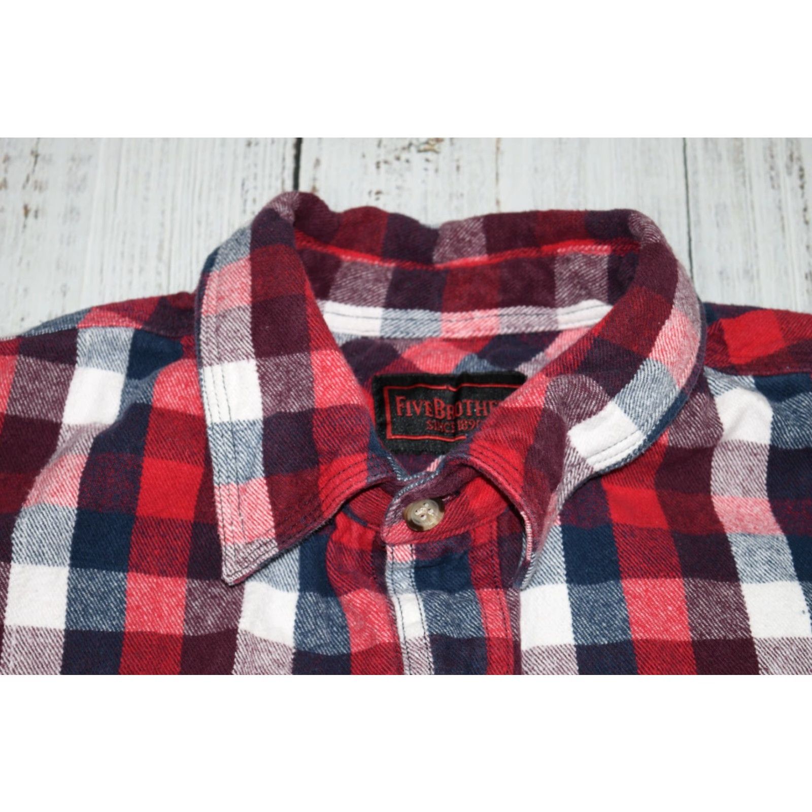 Vintage FIVE BROTHER HEAVYWEIGHT PLAID FLANNEL SHIRT BUTTON-UP RED WHITE BLUE LT MENS Size US L / EU 52-54 / 3 - 3 Thumbnail