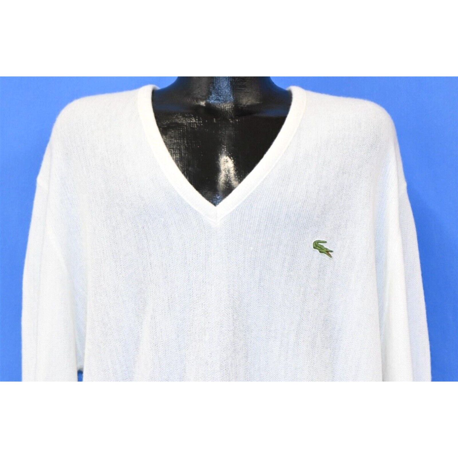 image of Vintage 80's White Izod Lacoste V-Neck Pullover Knit Crocodile Logo Sweater Xl, Men's