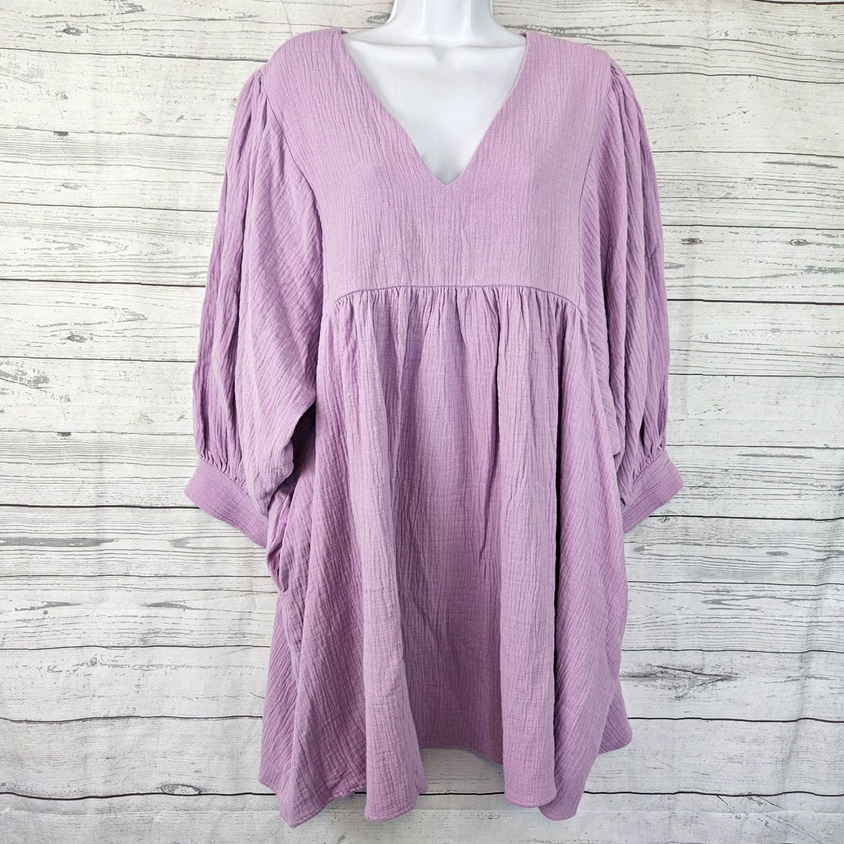 Vintage Pomander Place Womens Millie Dress Sz XL Lavender Pockets Mini 3/4 Sleeve V-Neck Cotton Pullover Size XL / US 12-14 / IT 48-50 - 2 Thumbnail