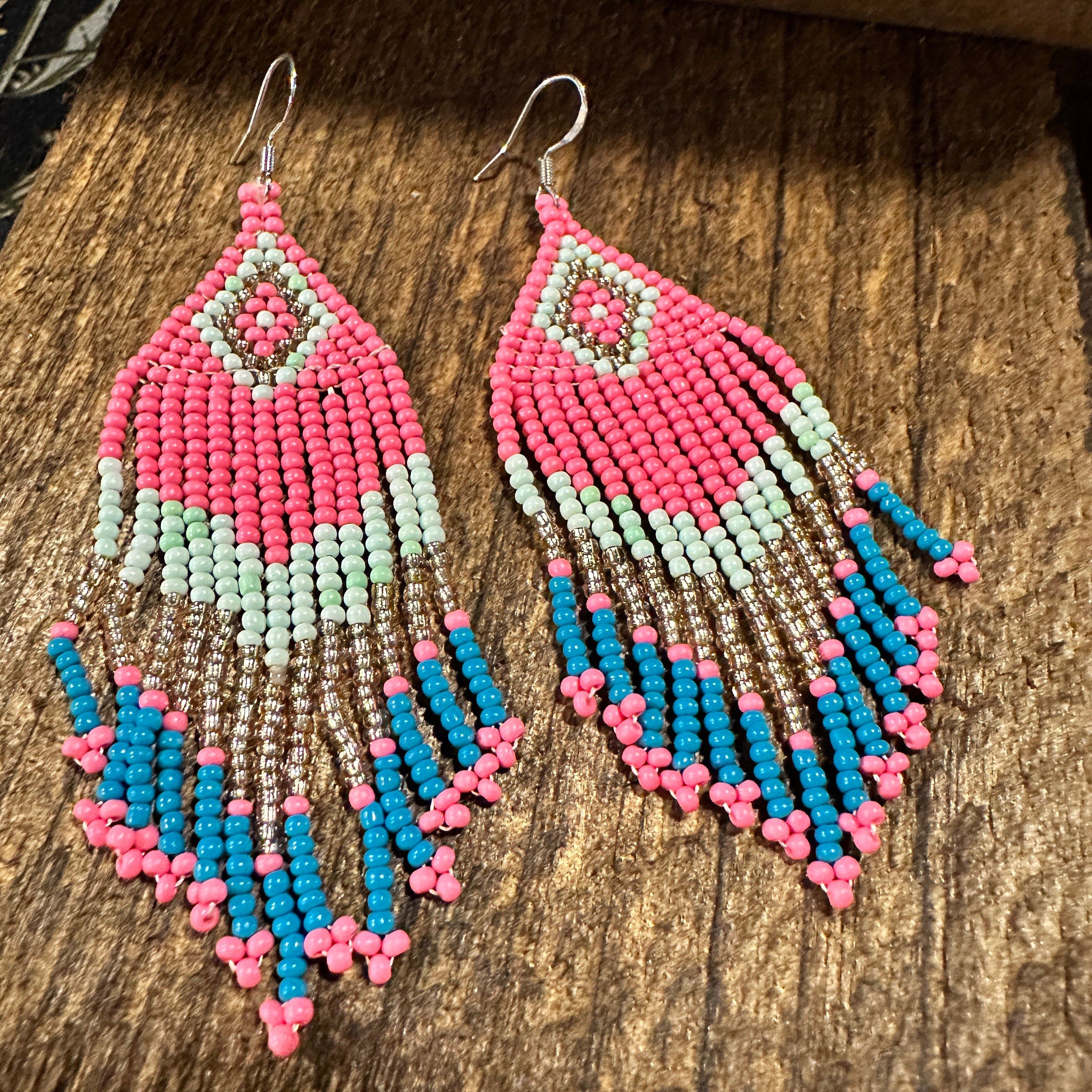 Other Navajo-Inspired Boho Seed Bead Dangle Earrings in Pink and B Size ONE SIZE - 6 Thumbnail