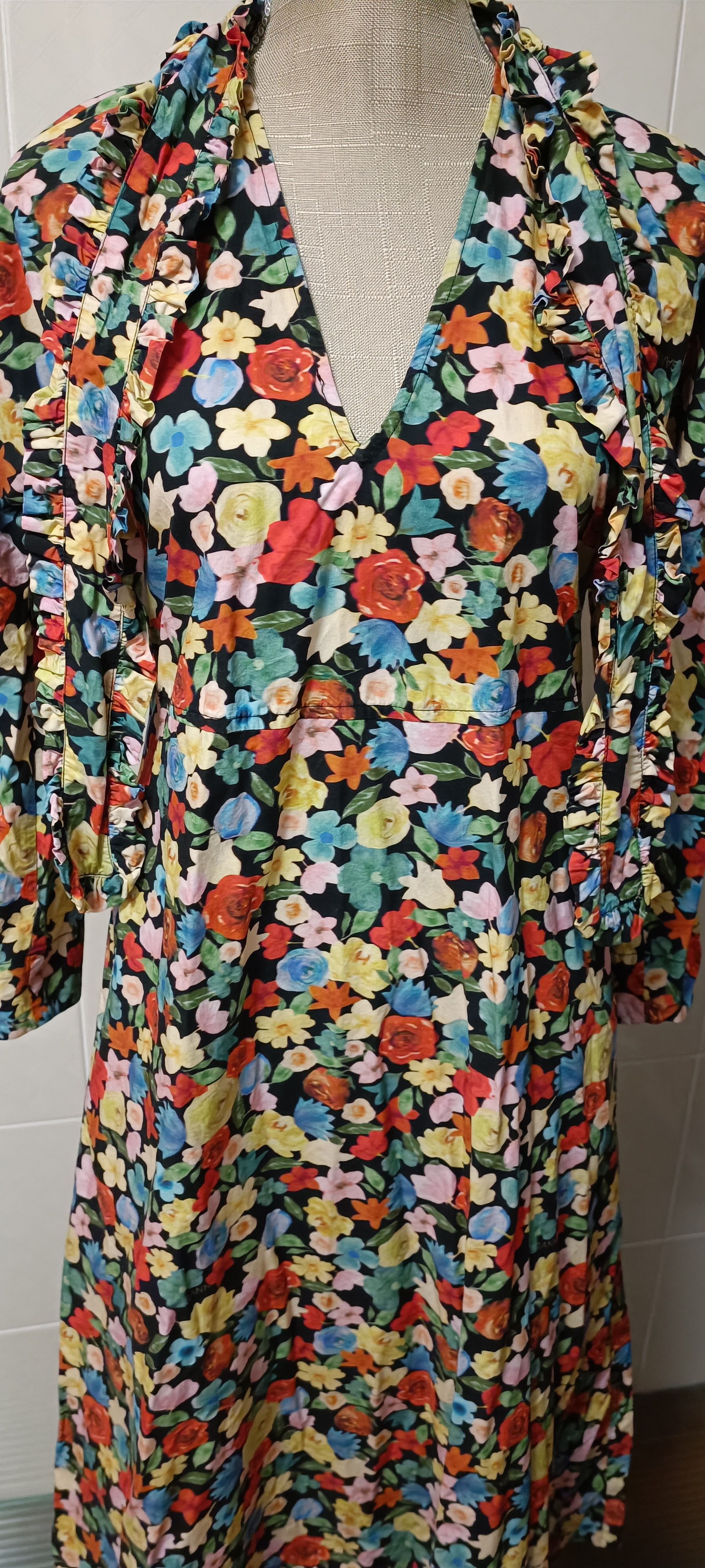 Ganni Tie-Neck Multicolor Floral - Print Cotton -Poplin Maxi Dress Size S / US 4 / IT 40 - 2 Thumbnail