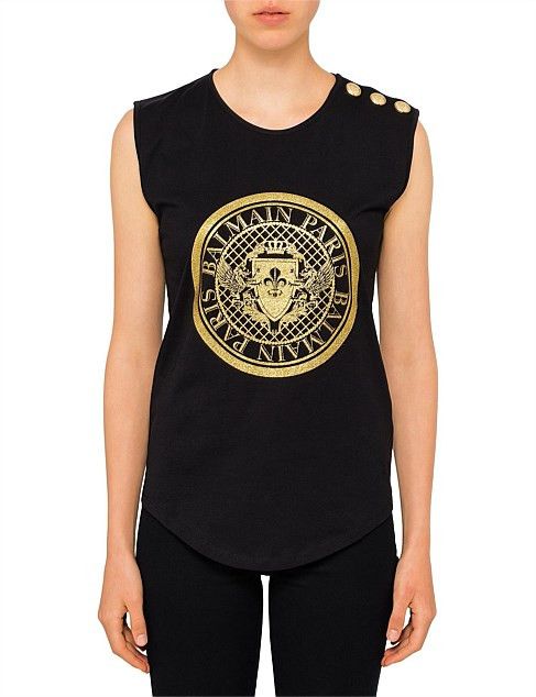 Balmain Black and Gold Crest Logo Shoulder Buttons Tank Top Size XS / US 0-2 / IT 36-38 - 2 Thumbnail