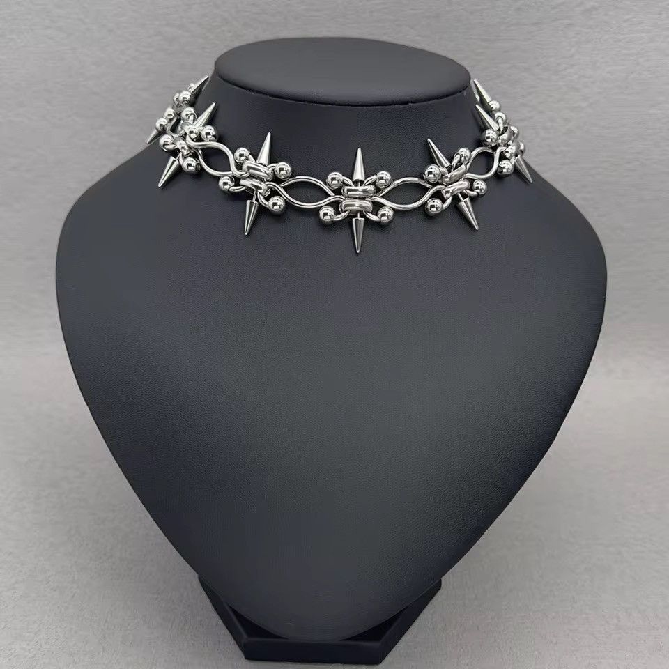 Jewelry Punk Rock Piercing Spike Double Layer Chain Choker Necklace Size ONE SIZE - 1 Thumbnail