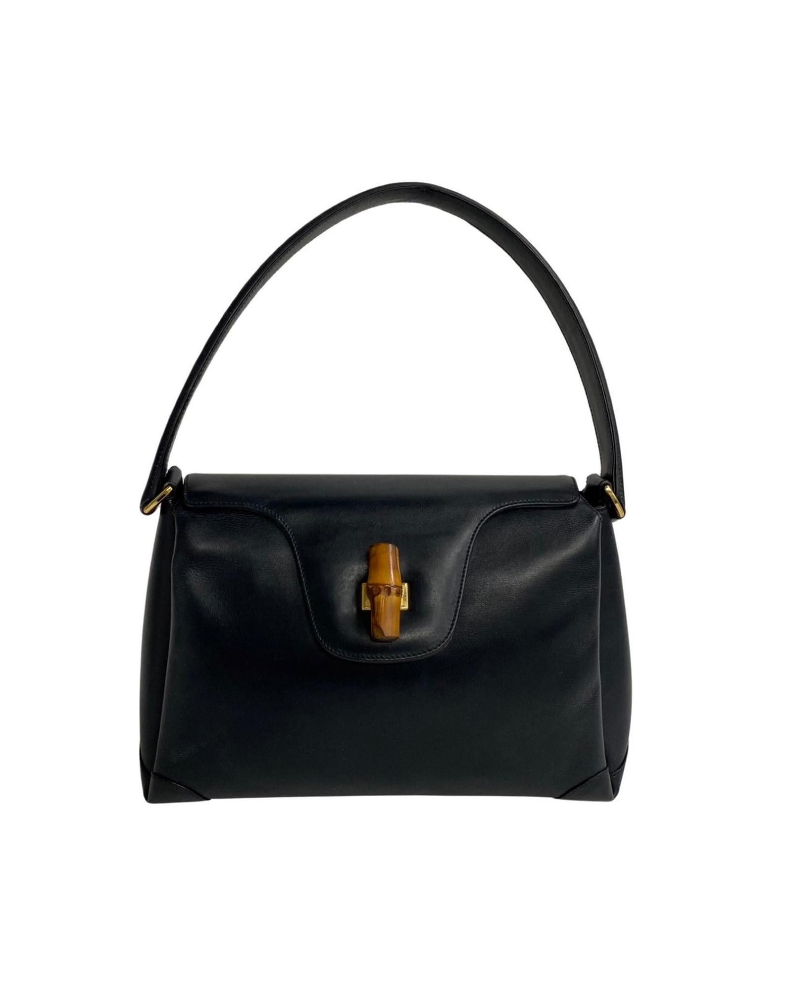 image of Gucci Bamboo Leather Shoulder Bag in Brown Leather, Women's