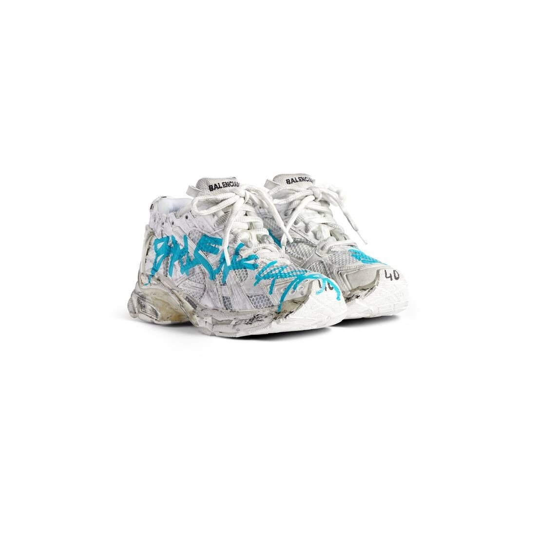 Balenciaga o1w1db10625 Runner Graffiti Sneakers in White/Blue Size US 7 / EU 40 - 5 Thumbnail