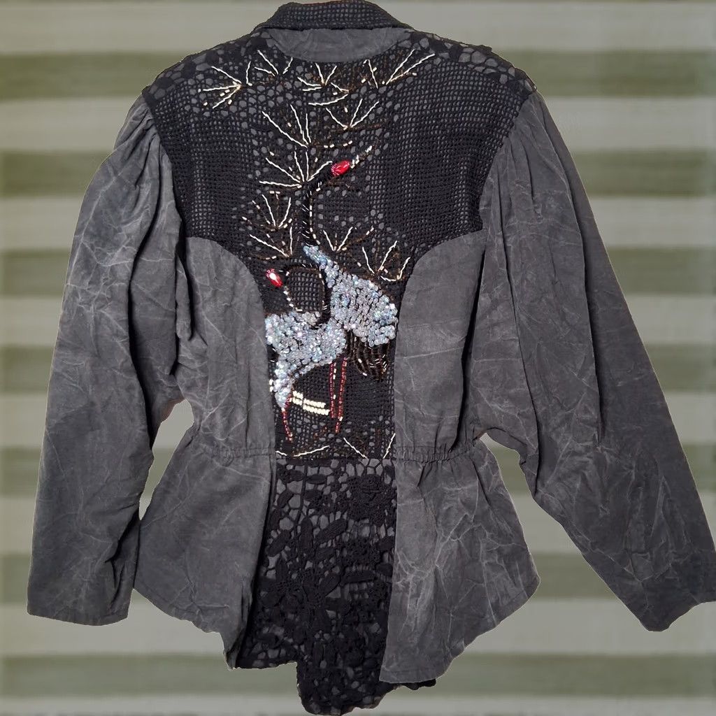 Vintage VINTAGE LIM'S Jacket Women's Crochet Beaded Crane Bird 90s Art To Wear Gray Black Short 32.5" Long Size L / US 10 / IT 46 - 1 Thumbnail