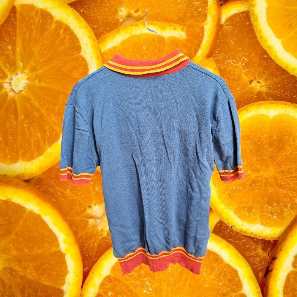 Other OXKNITSTORE Retro Knit Polo Shirt Blue Orange Striped Collar Size US L / EU 52-54 / 3 - 6 Thumbnail