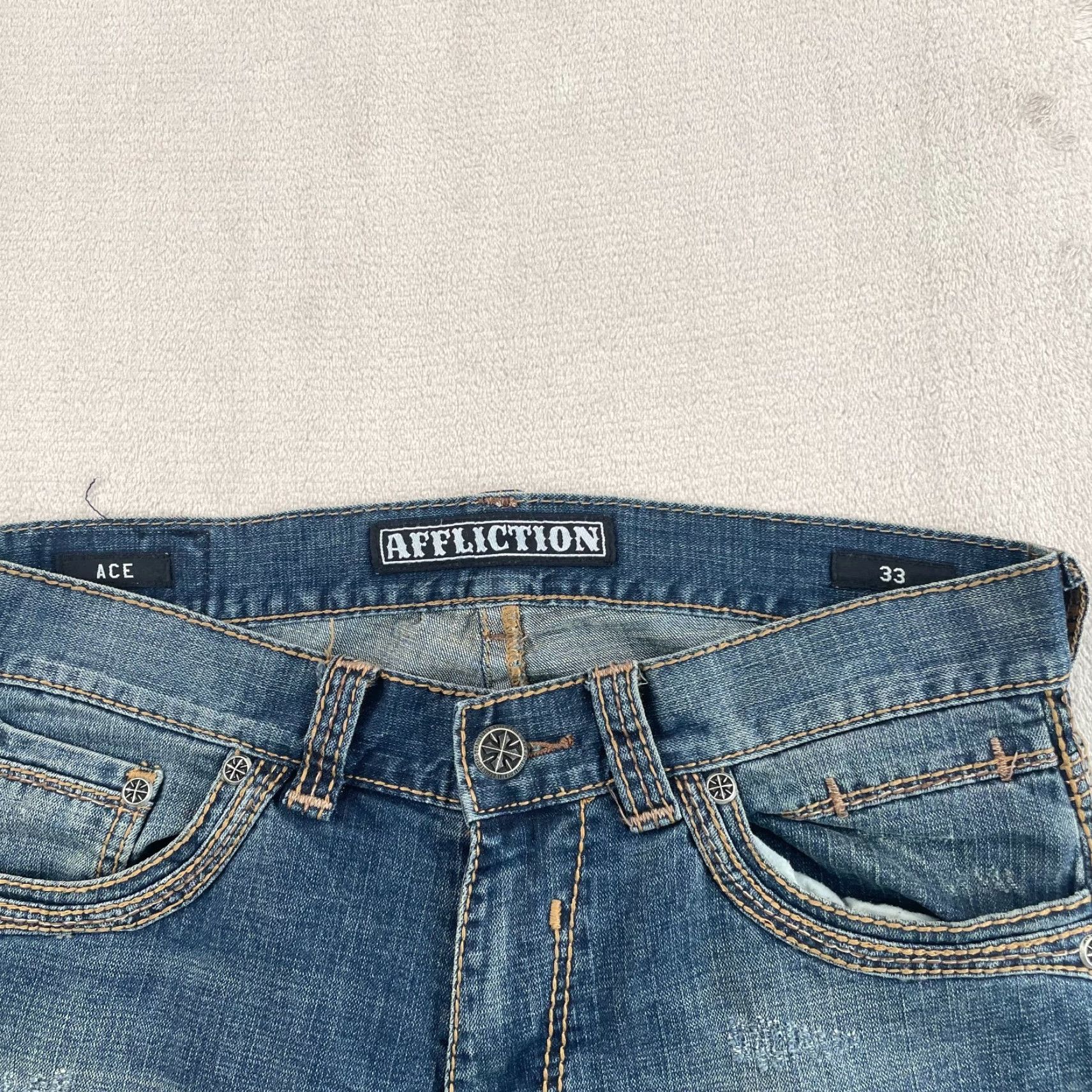 Affliction Affliction Ace Straight Jeans Men 33x32 Blue Dark Faded Stretch 5-Pocket Pockets Zip Button Rise Mid Regular Brand Affliction Ace Straight Size US 33 - 3 Thumbnail
