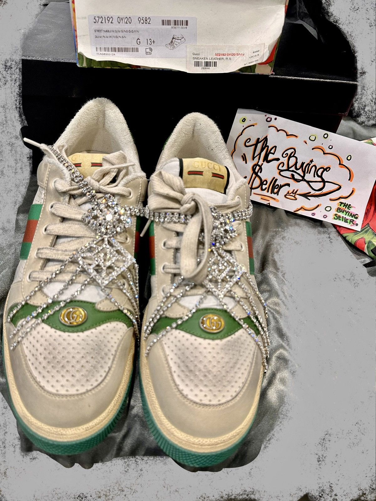 Gucci Off White Green Distressed Leather Crystal Screener Sneakers Size US 14 / EU 47 - 14 Thumbnail